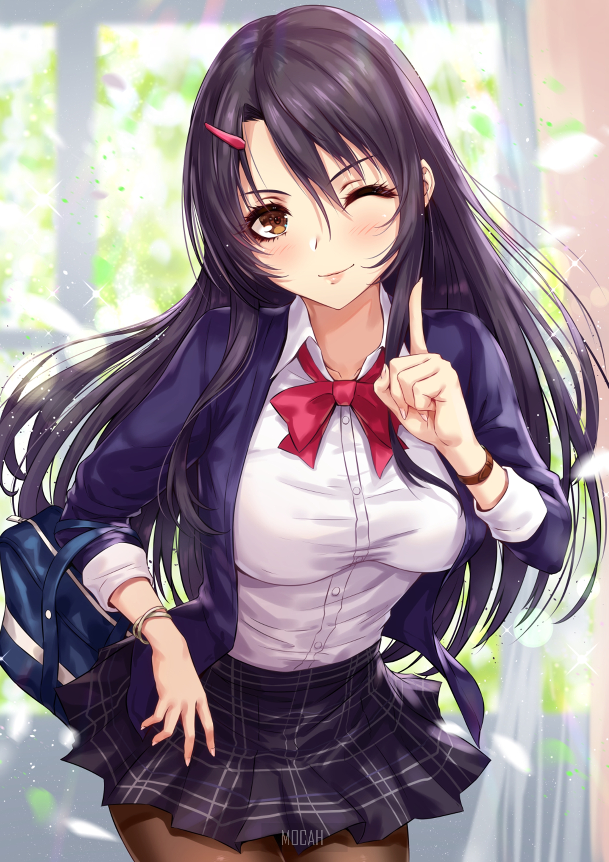 Anime girl in school uniform winking HD Phone Wallpaper
