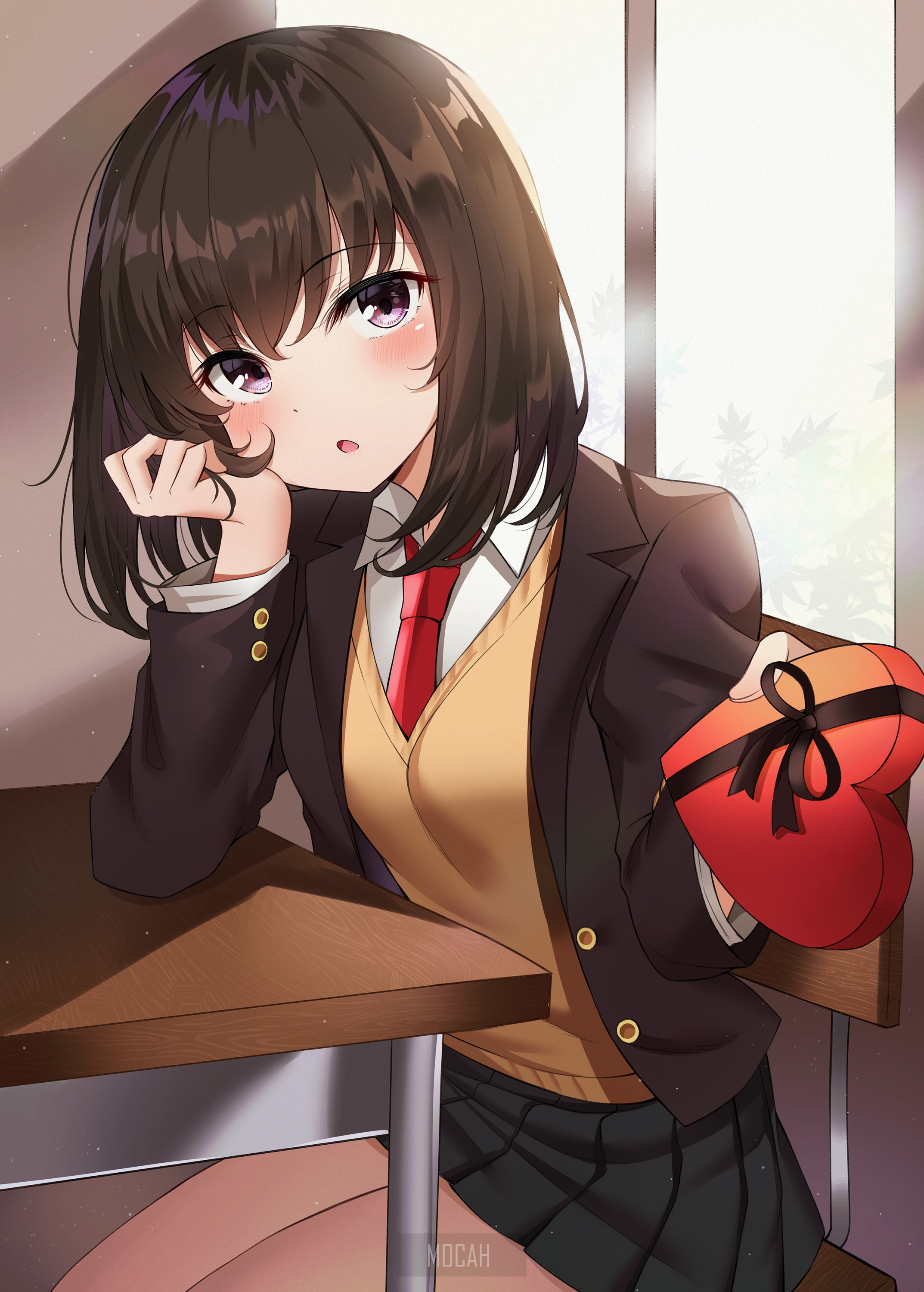 Anime girl in school uniform holding a heart-shaped chocolate box HD Phone Wallpaper