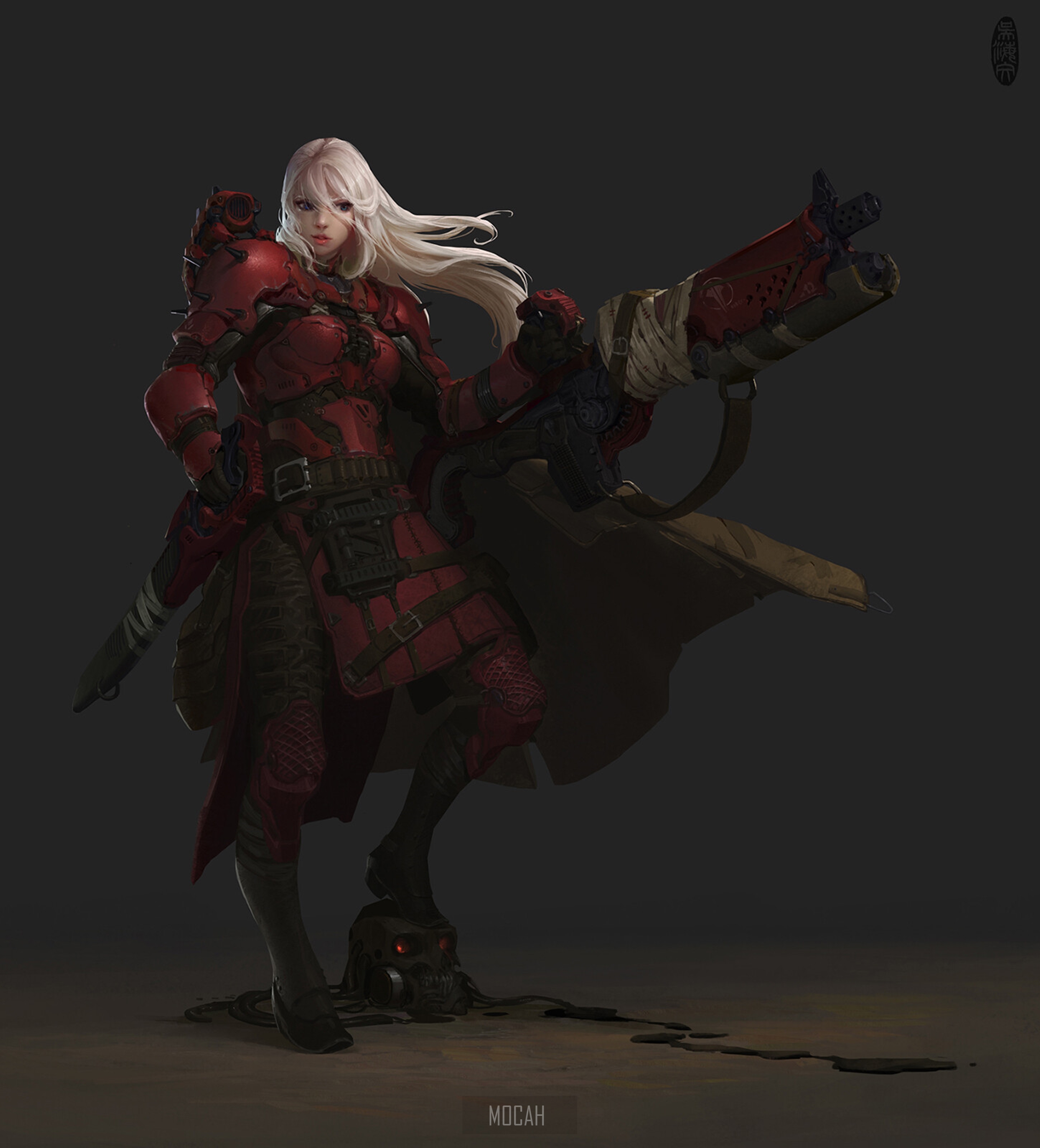 Anime girl in red armor with a large gun HD Phone Wallpaper