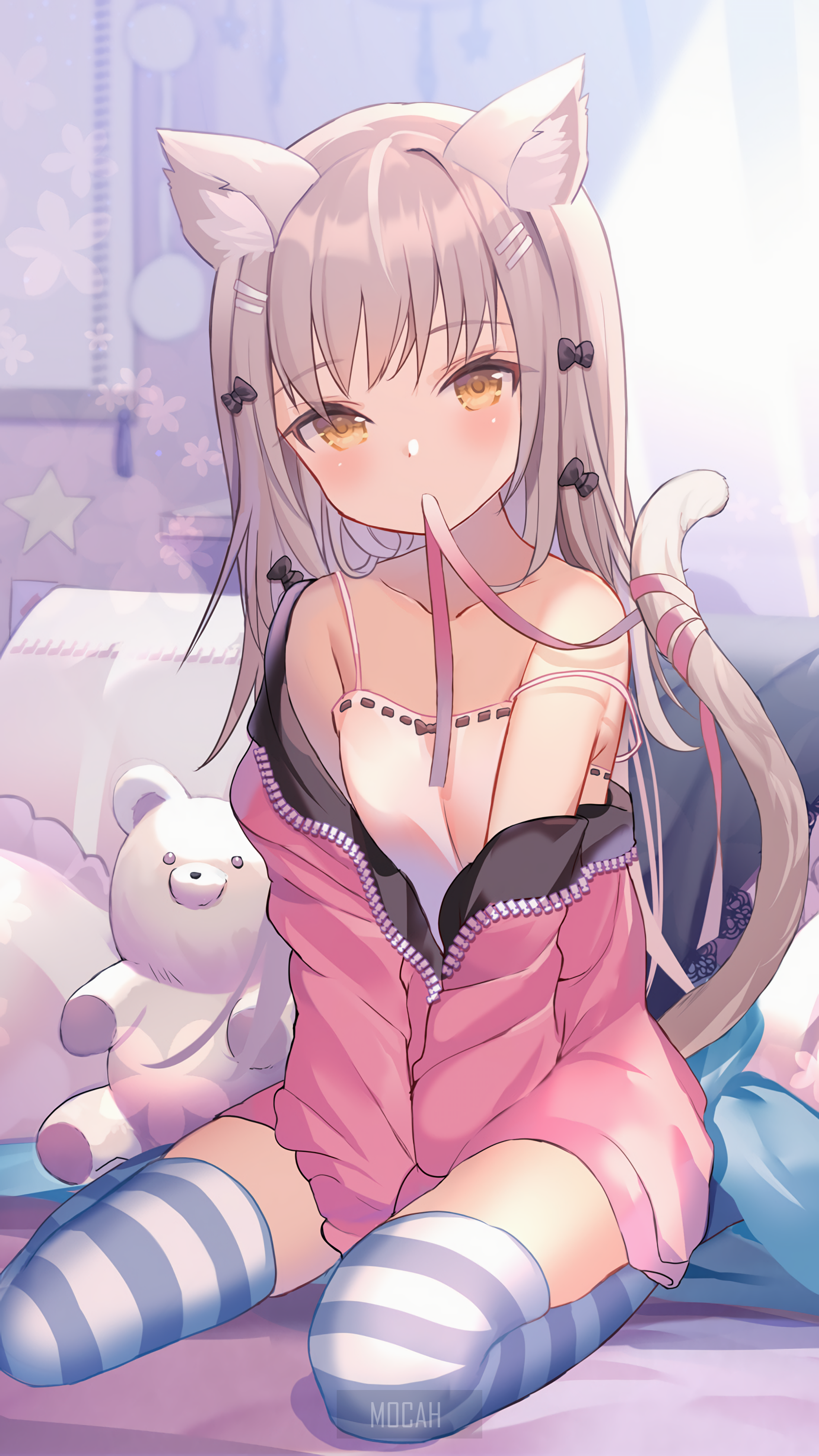 Anime girl with cat ears and pink jacket HD Phone Wallpaper