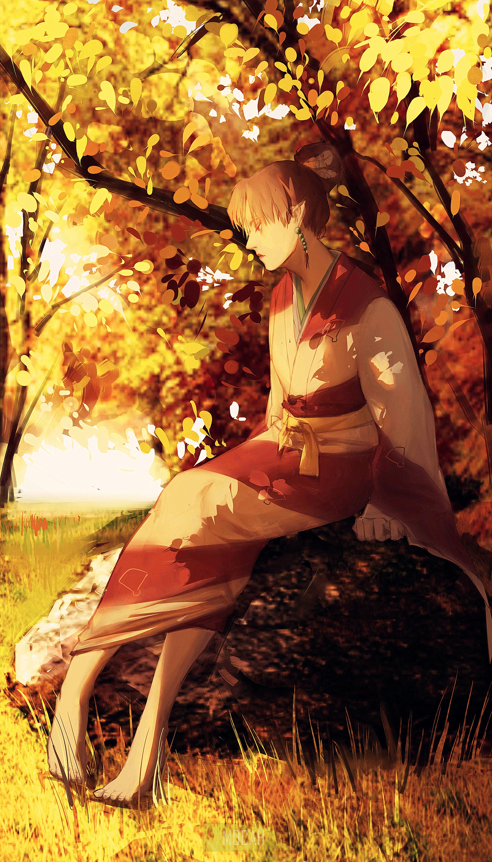 Kagura from Inuyasha sitting under a tree in autumn HD Phone Wallpaper