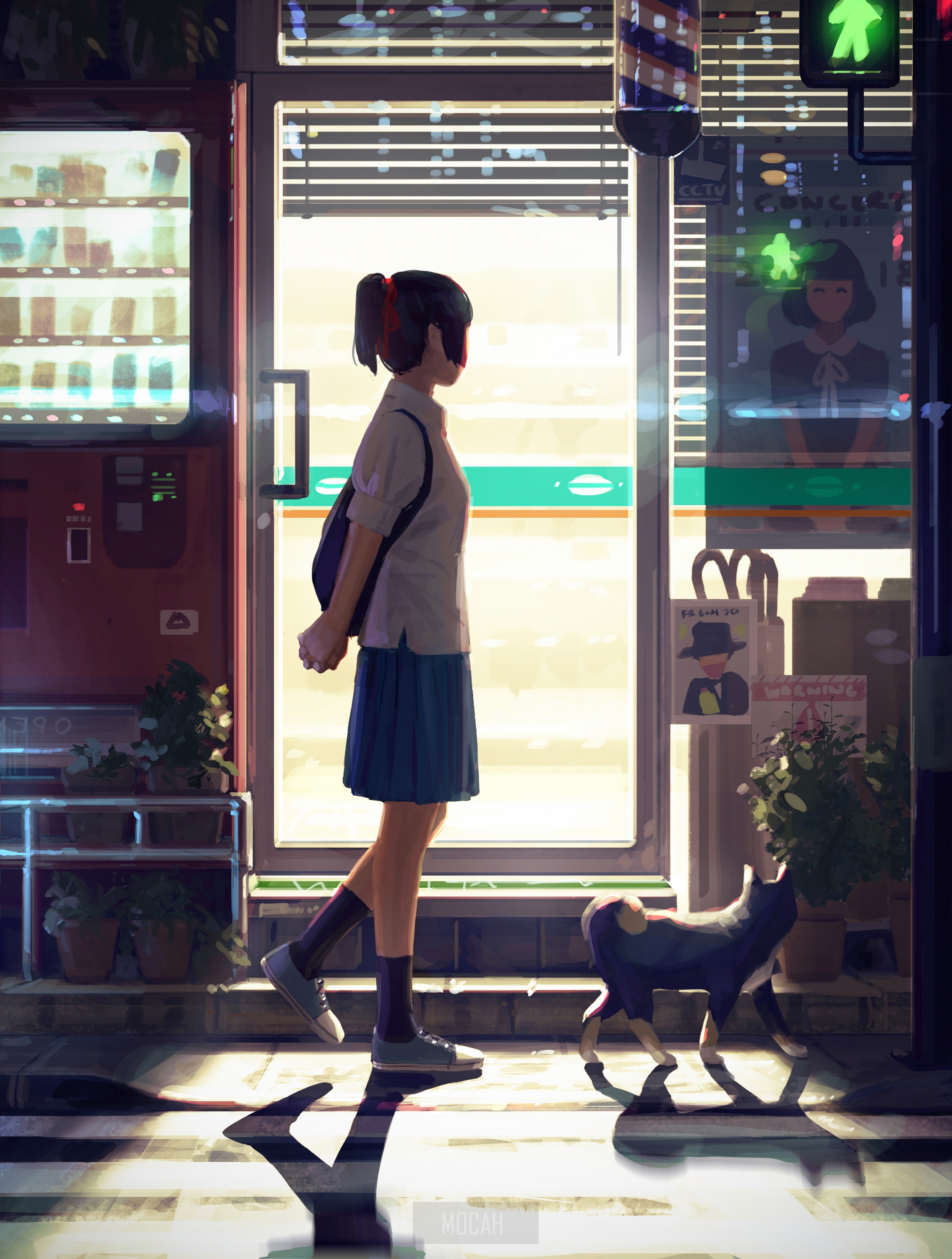 Anime girl in school uniform with dog outside convenience store HD Phone Wallpaper