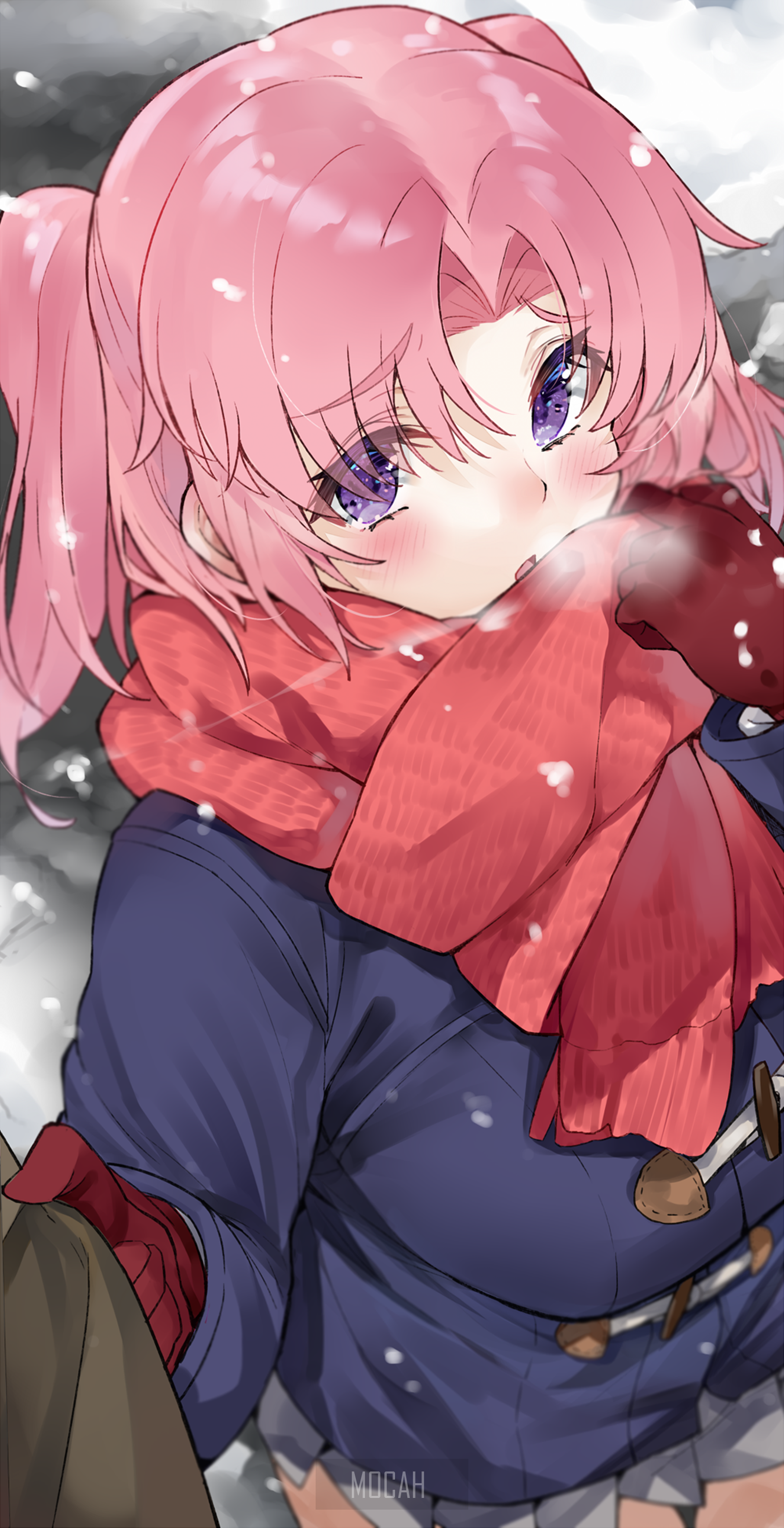 Anime girl with pink twintails in snow HD Phone Wallpaper