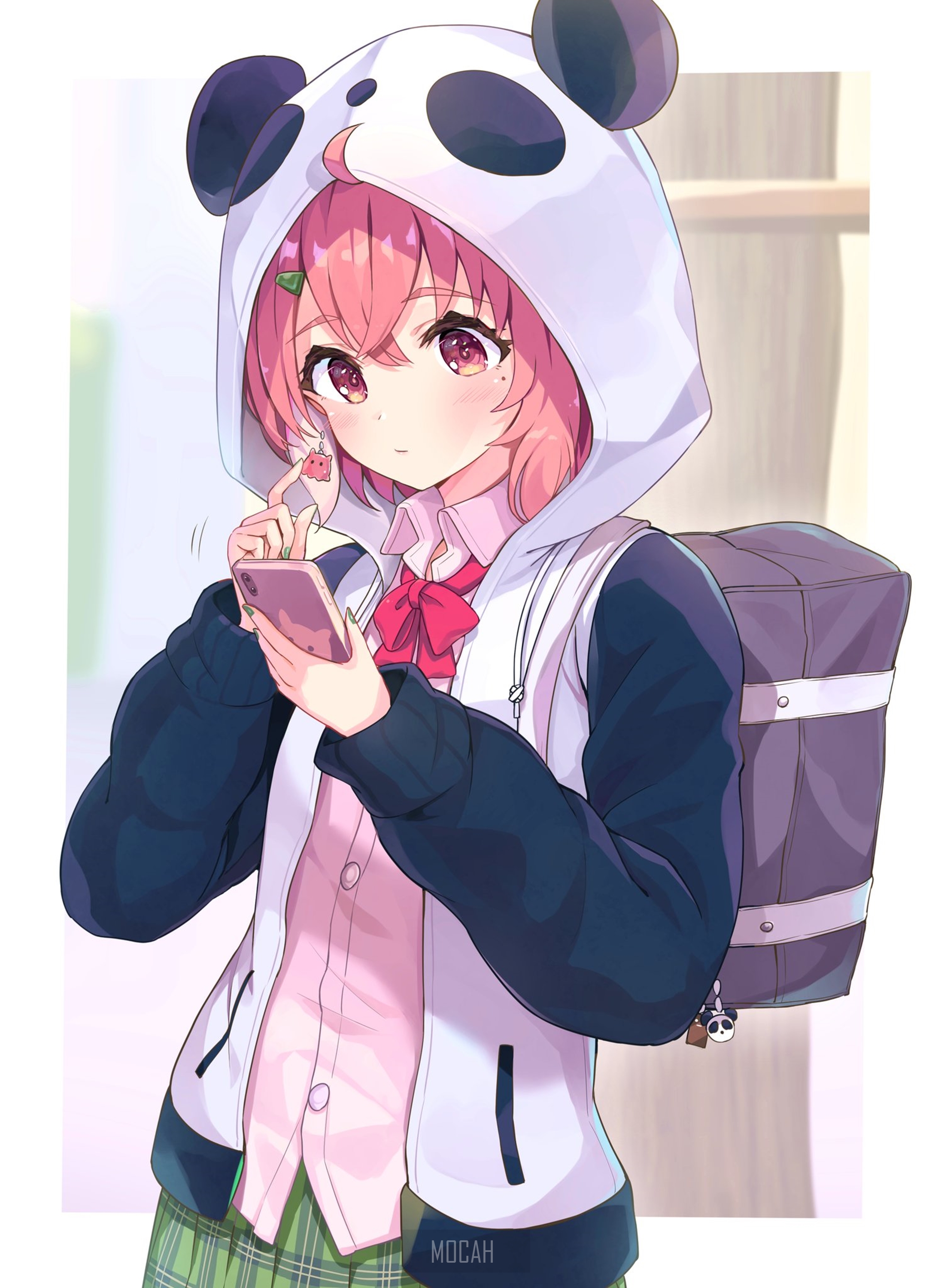 Anime girl in panda hoodie holding a phone HD Phone Wallpaper