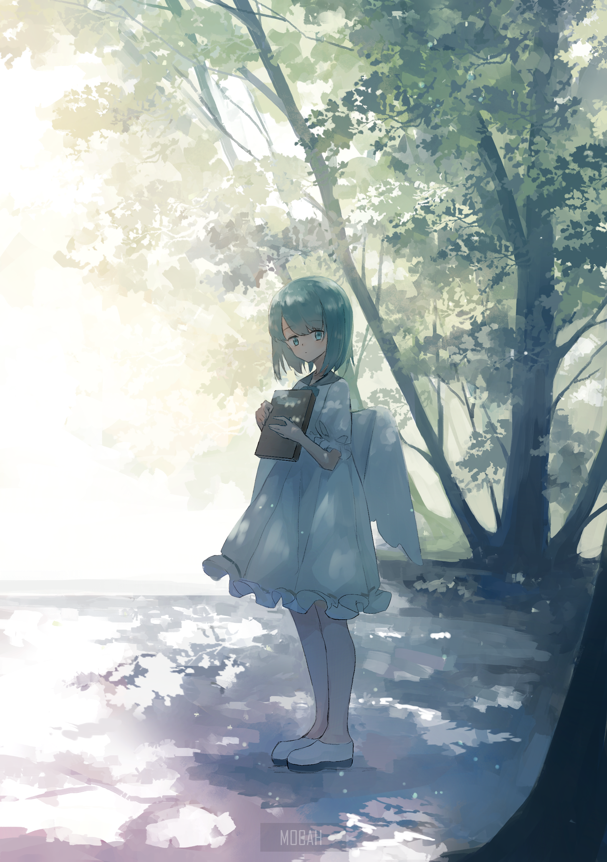 Anime girl with wings holding a book in a forest HD Phone Wallpaper