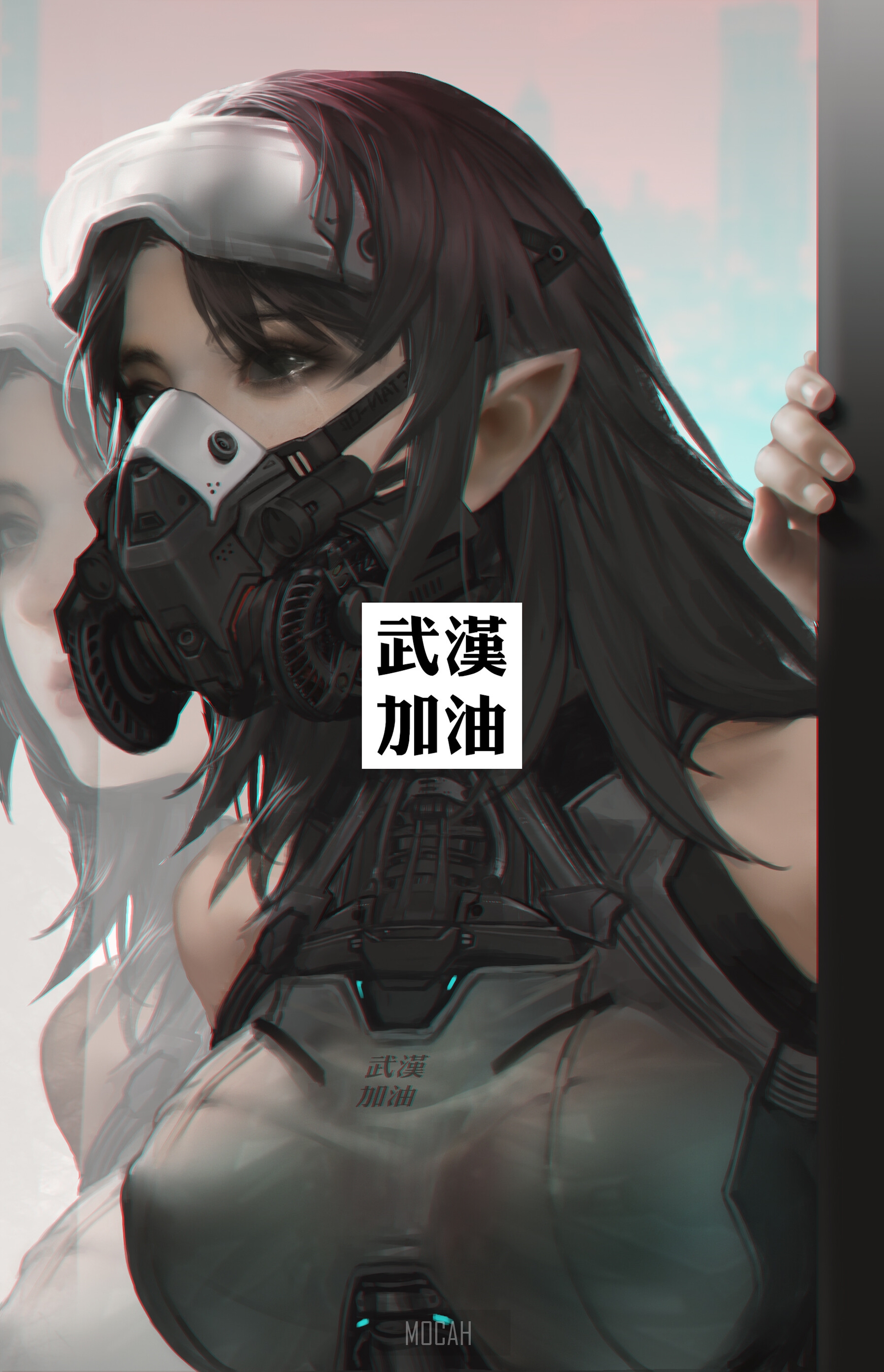 Anime girl with gas mask and elf ears, 武汉加油 HD Phone Wallpaper