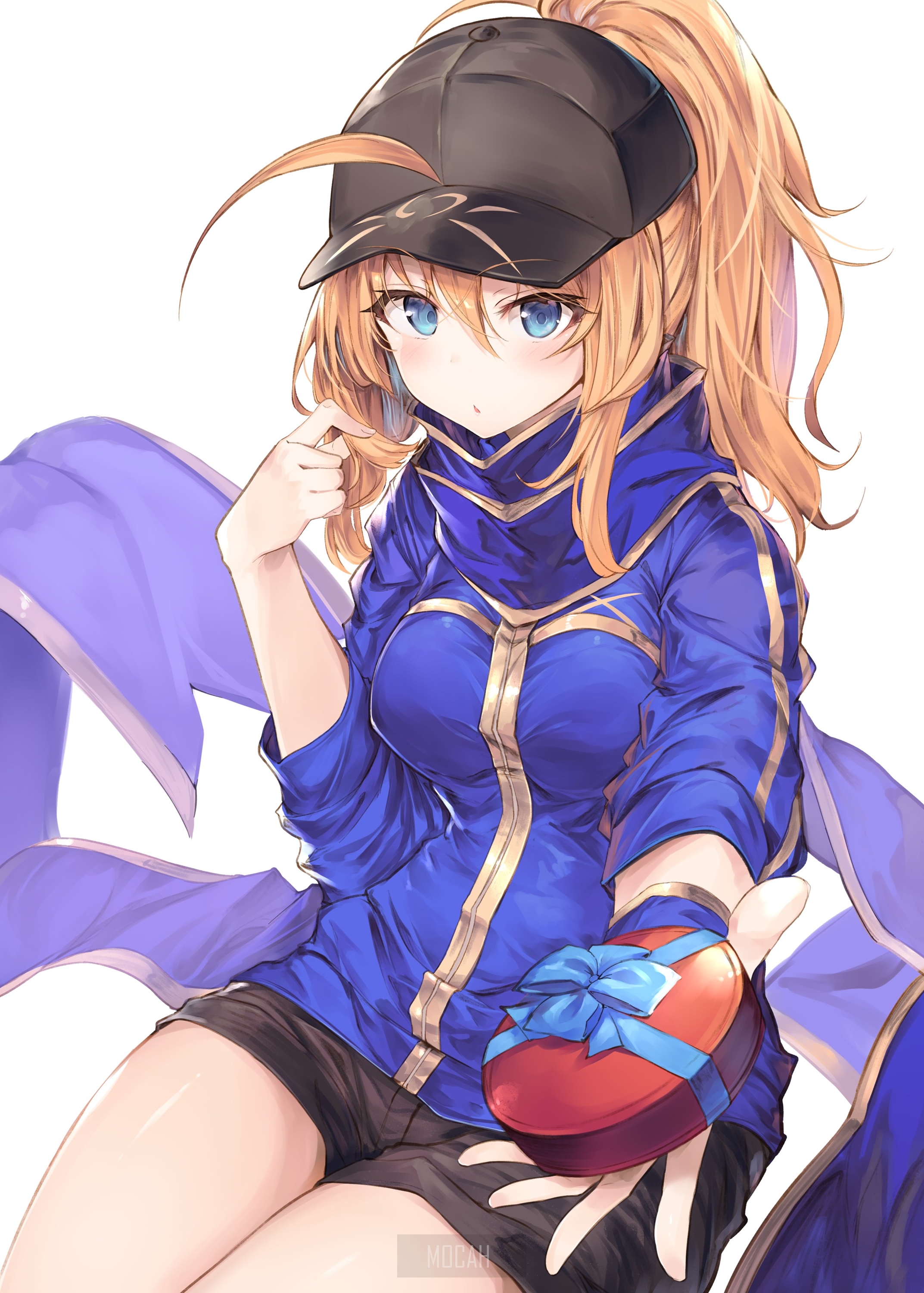 Anime girl with blond hair and blue eyes wearing a blue hoodie and black cap holding a gift HD Phone Wallpaper