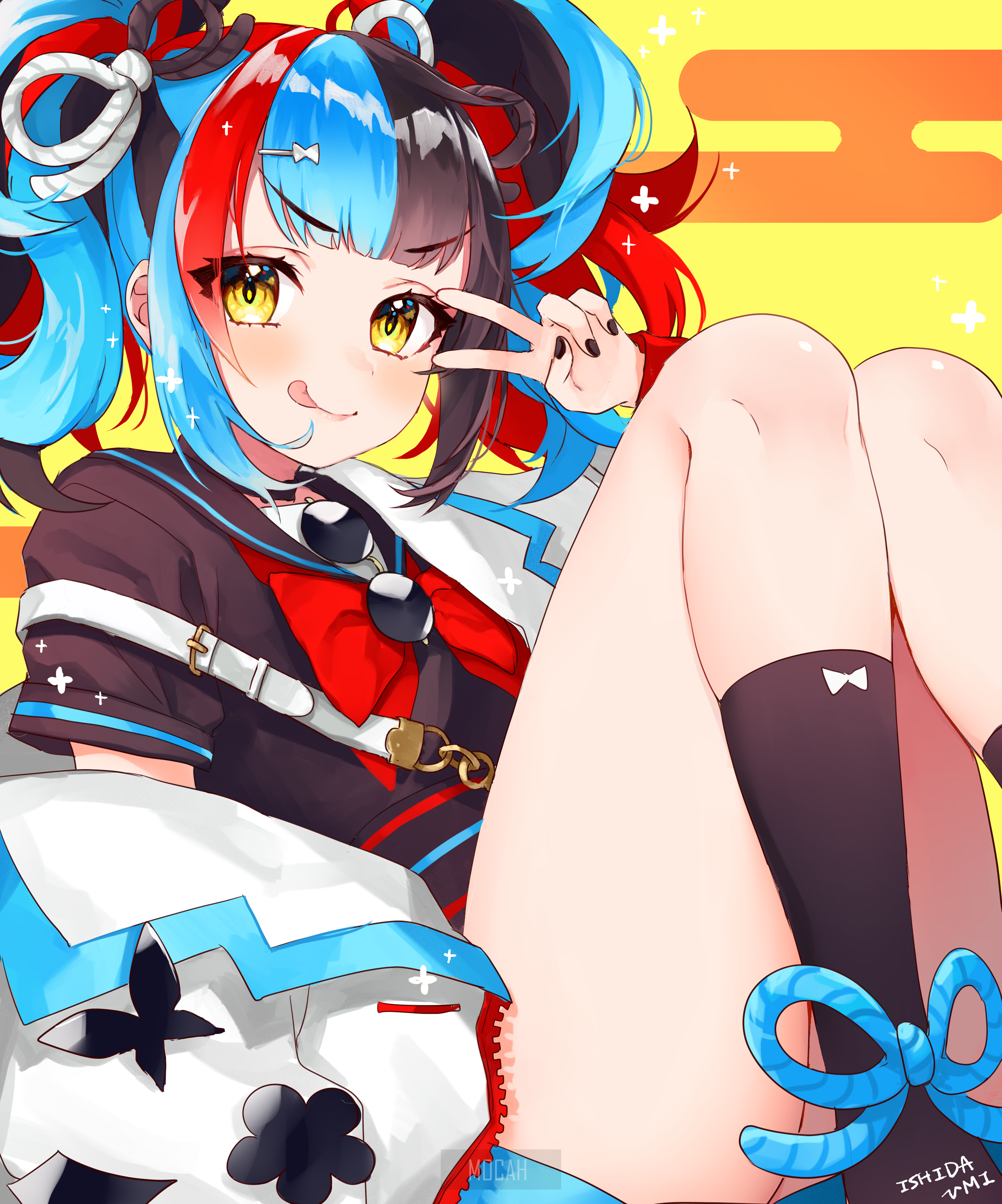 Anime girl with blue and red hair HD Phone Wallpaper