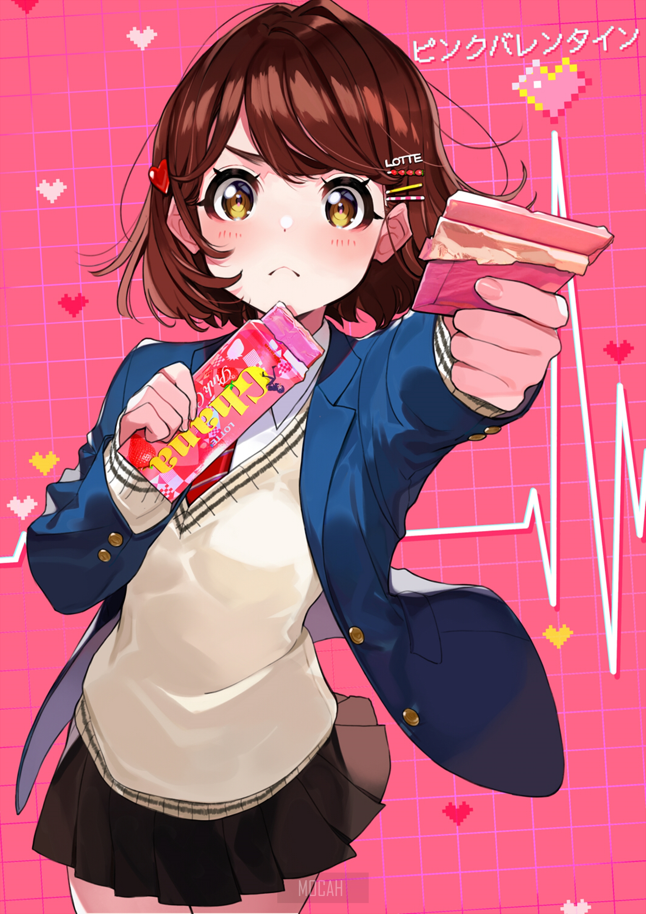 Anime girl with pink candy and chocolate bar HD Phone Wallpaper