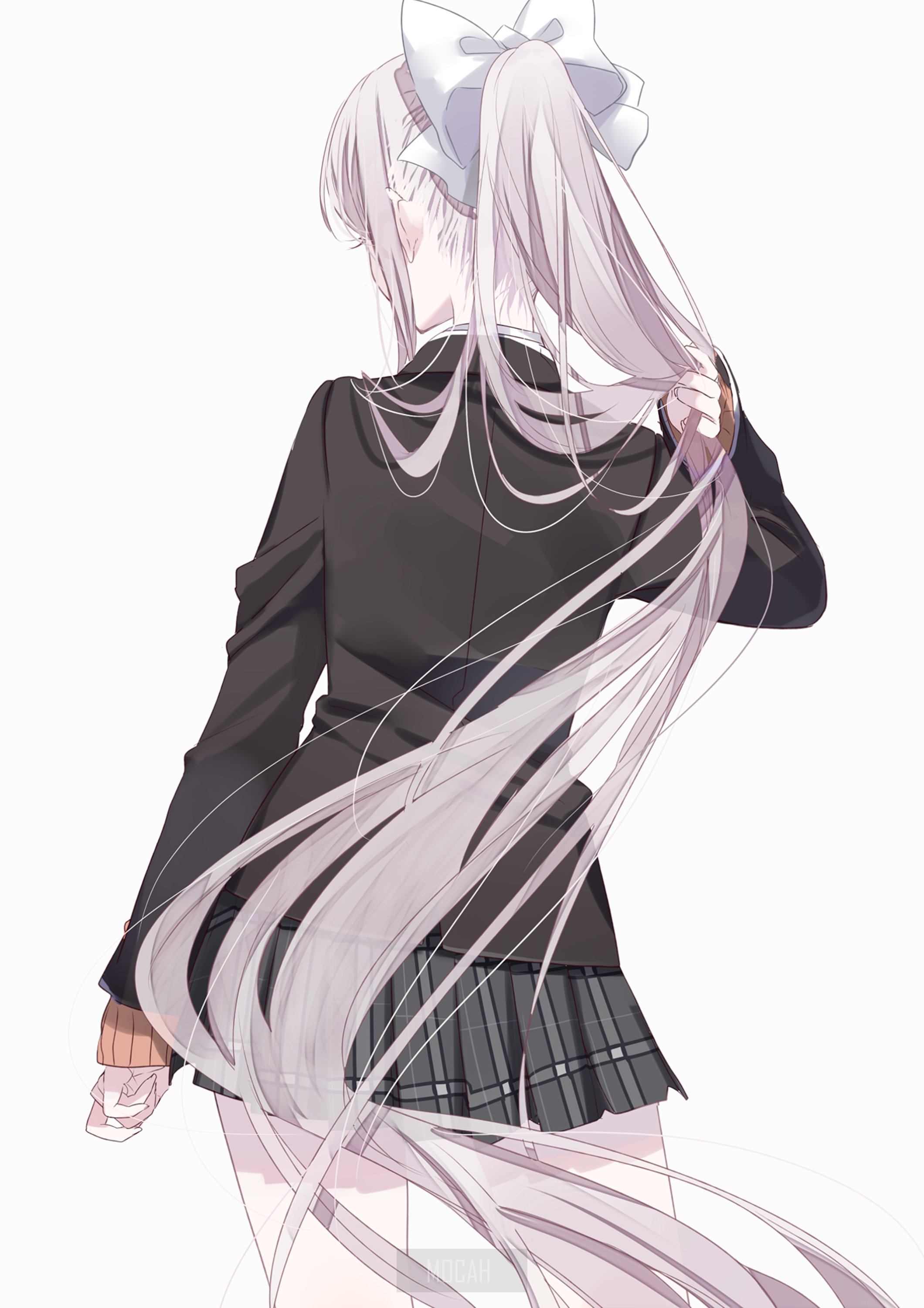 Anime girl with long white hair and a bow HD Phone Wallpaper