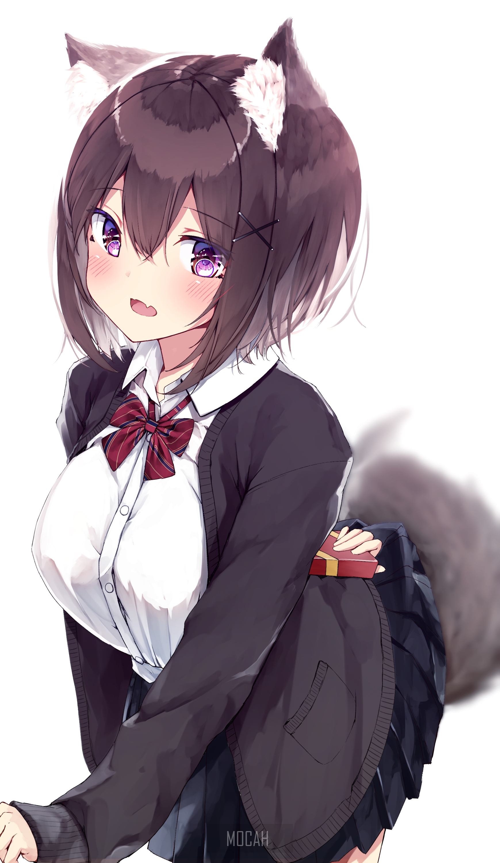 Anime girl with cat ears and tail holding a gift HD Phone Wallpaper