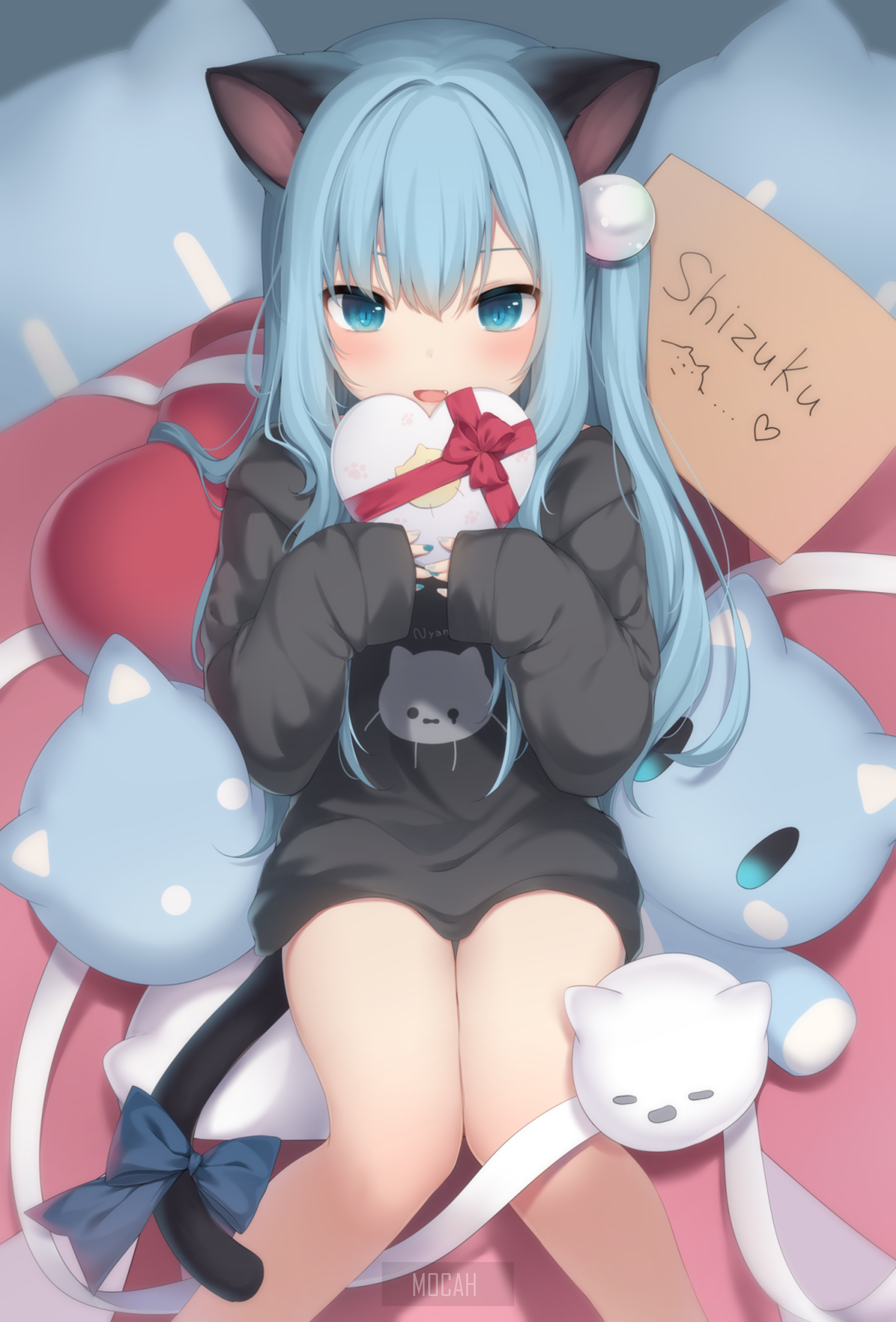 Anime cat girl holding a heart-shaped gift HD Phone Wallpaper