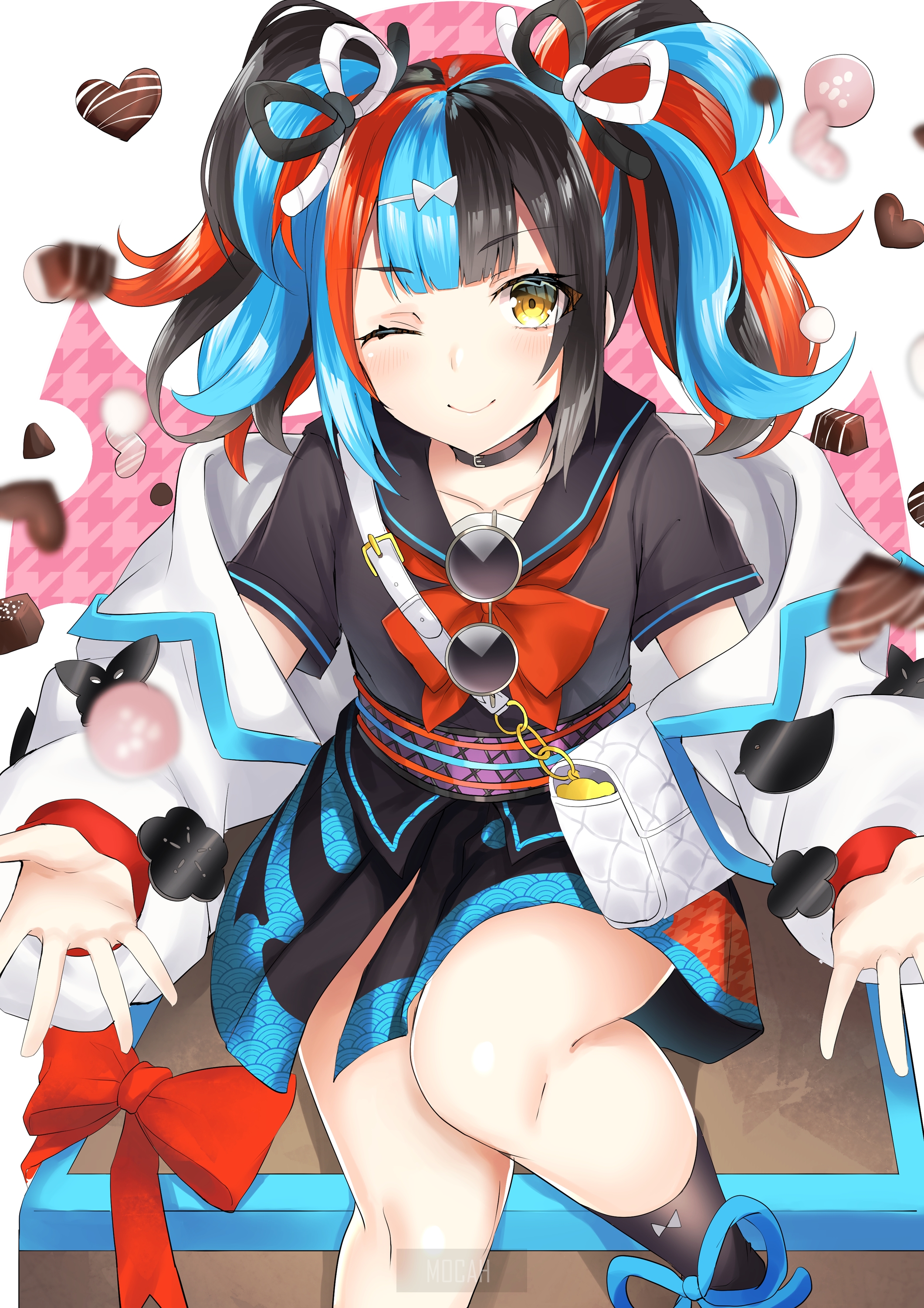 Anime girl with colorful hair and chocolate theme HD Phone Wallpaper