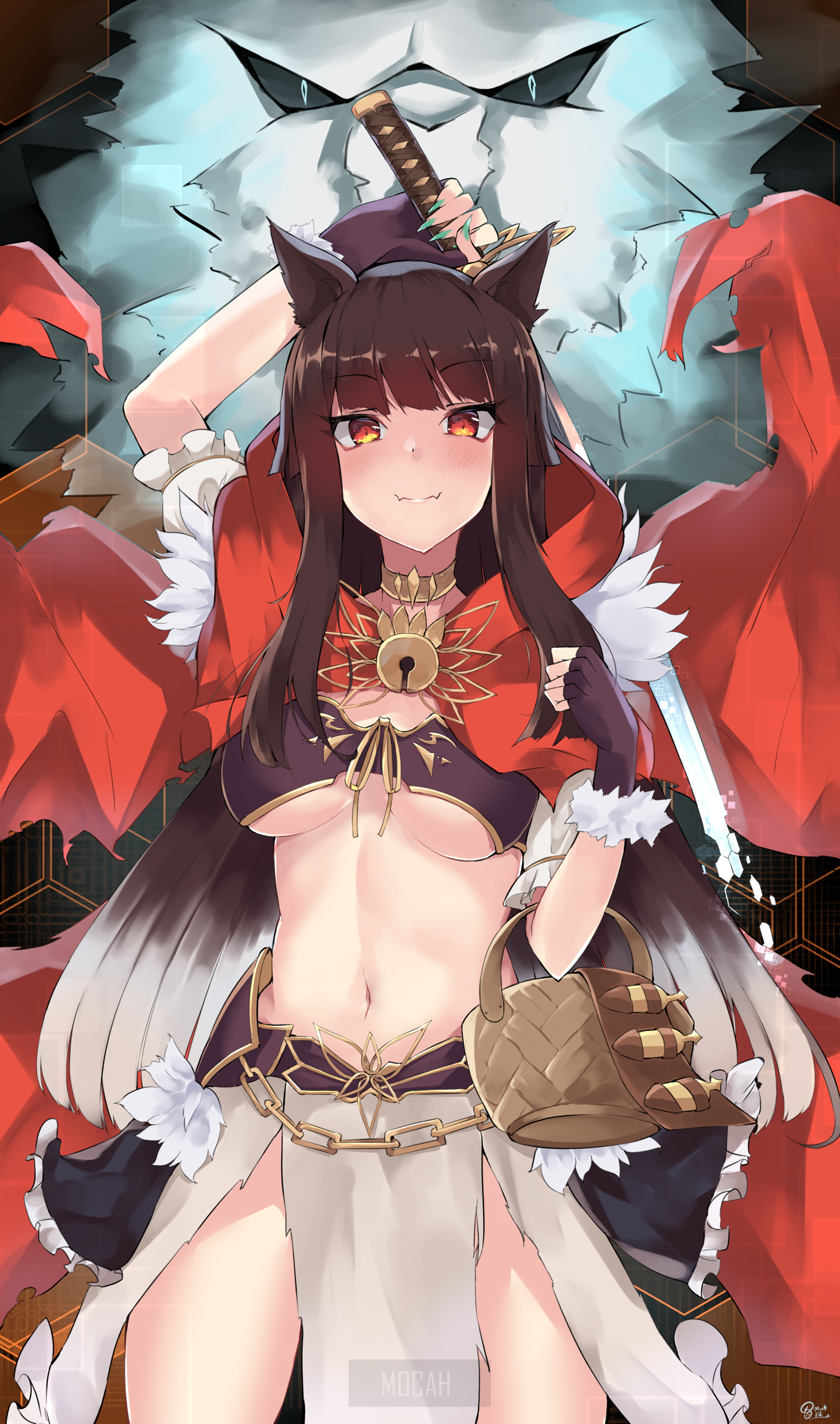 Anime girl with wolf ears and red hood HD Phone Wallpaper
