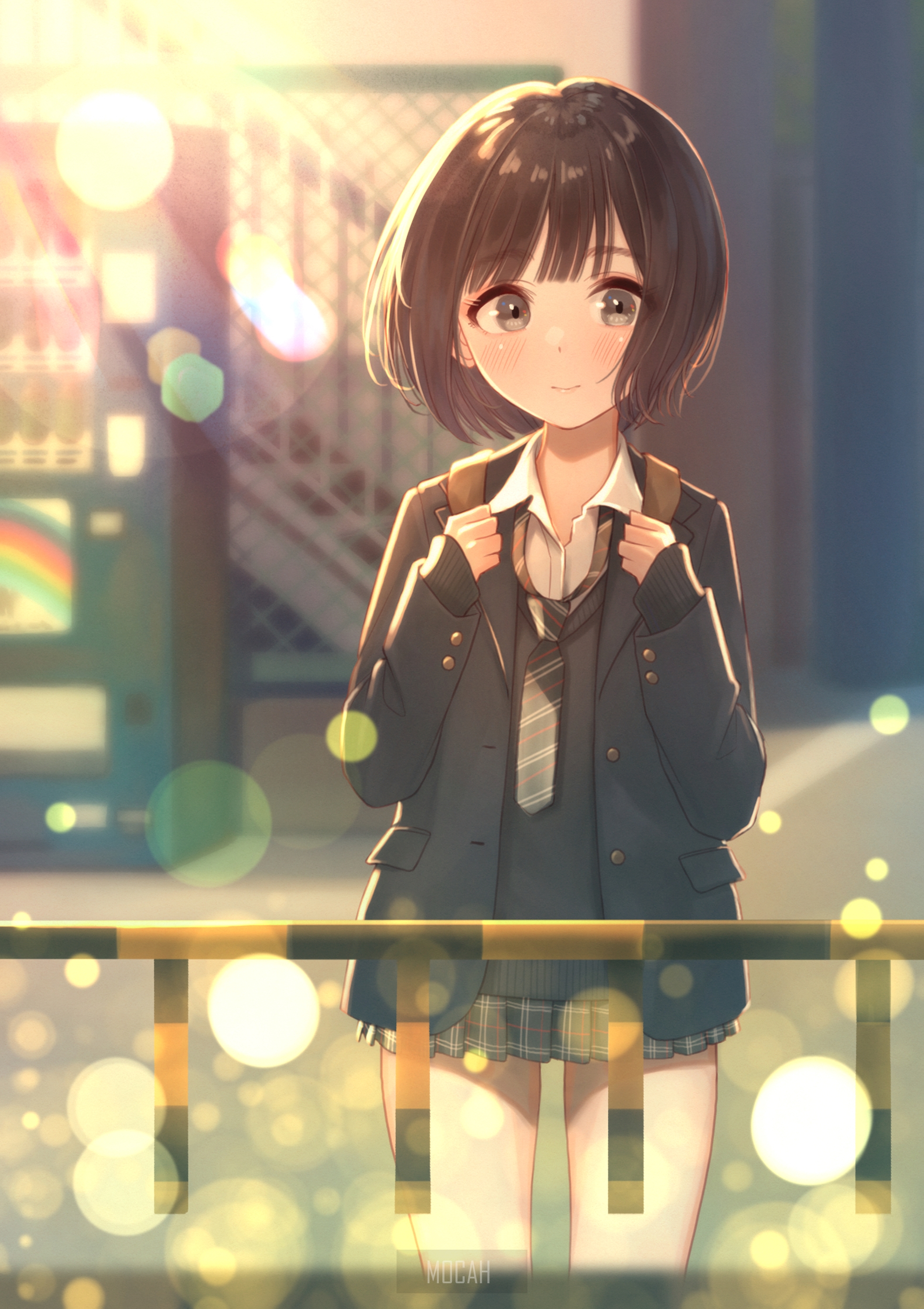 Anime girl in school uniform with backpack HD Phone Wallpaper