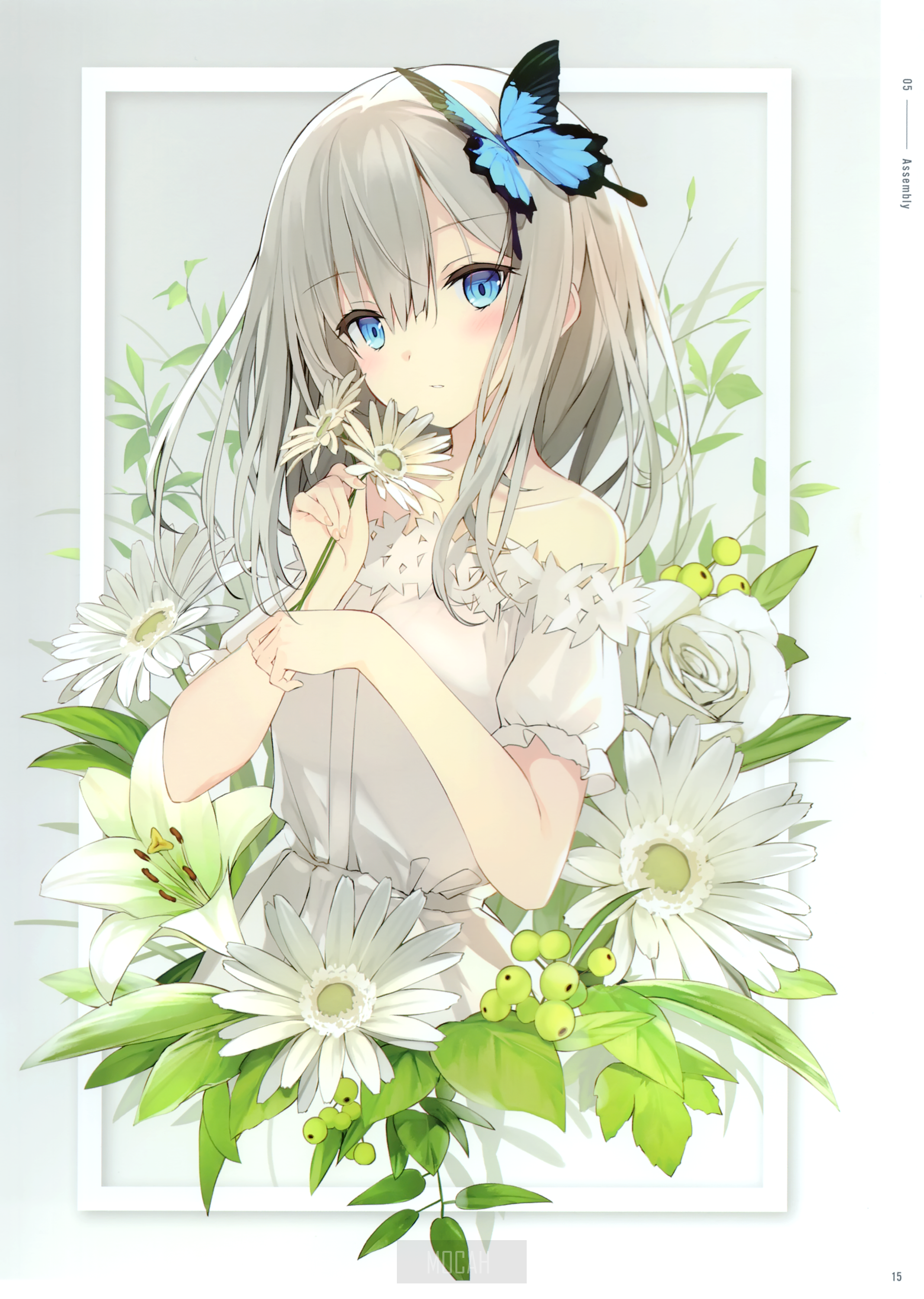 Anime girl with blue butterfly and white flowers HD Phone Wallpaper