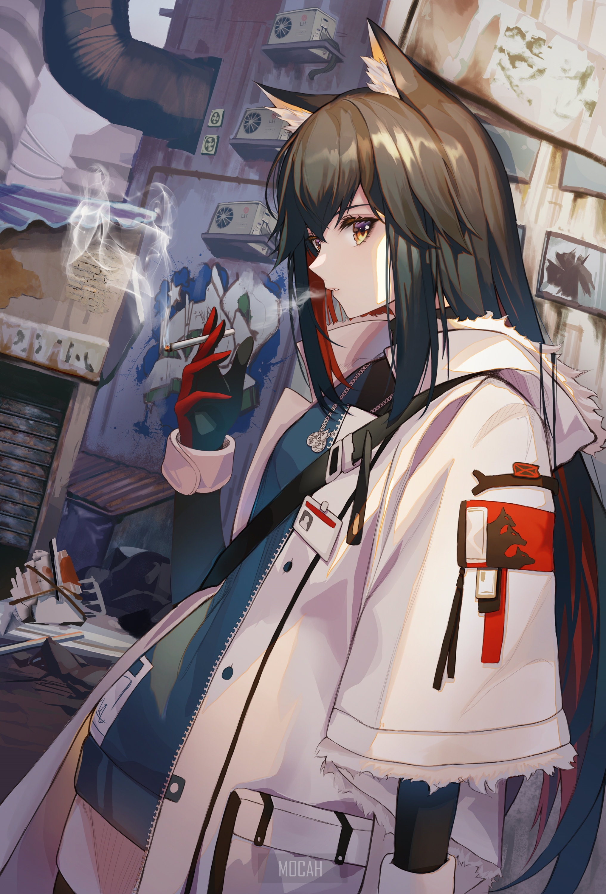 Texas from Arknights in Urban Night Scene HD Phone Wallpaper