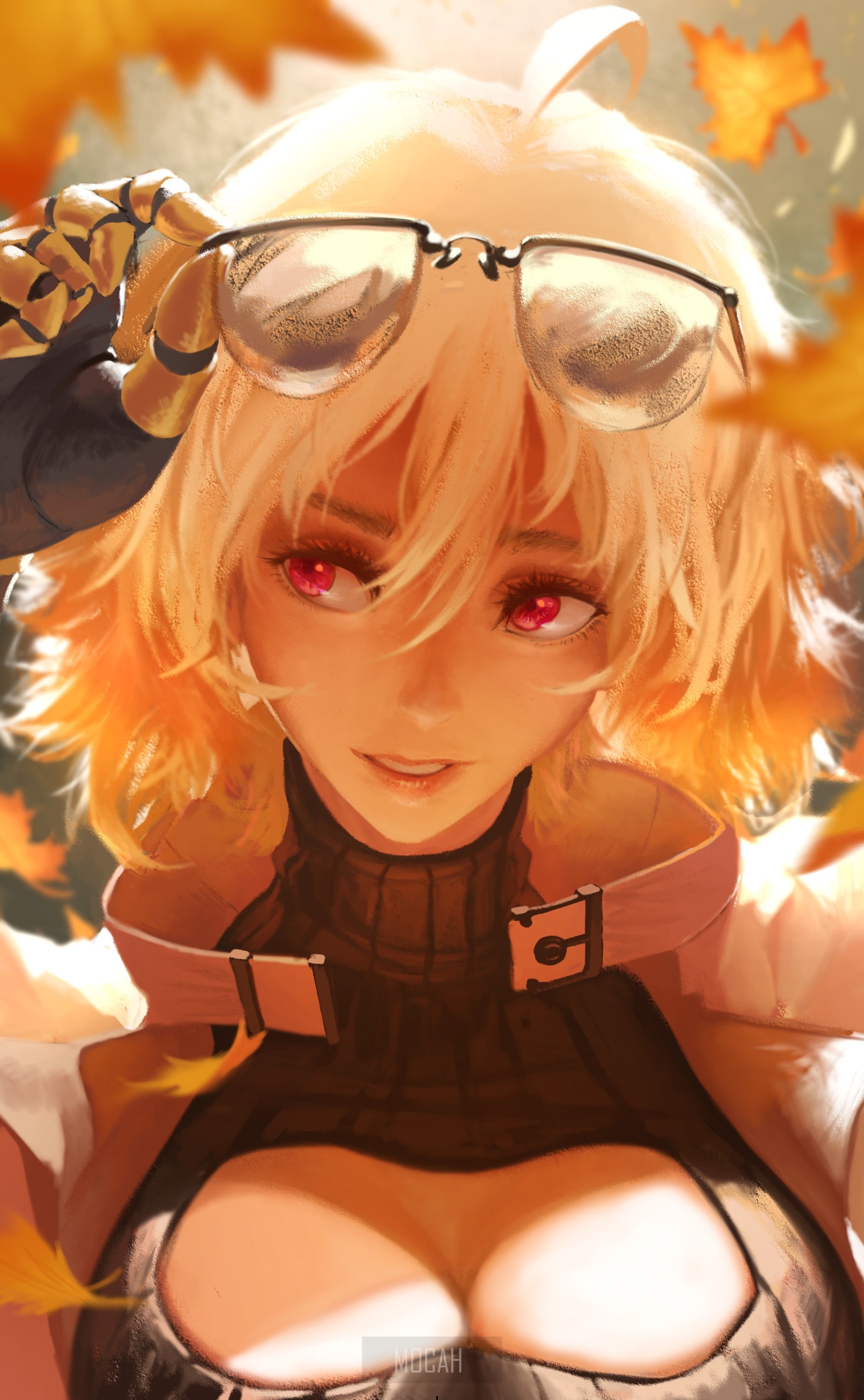 Woman with blonde hair and red eyes wearing glasses HD Phone Wallpaper