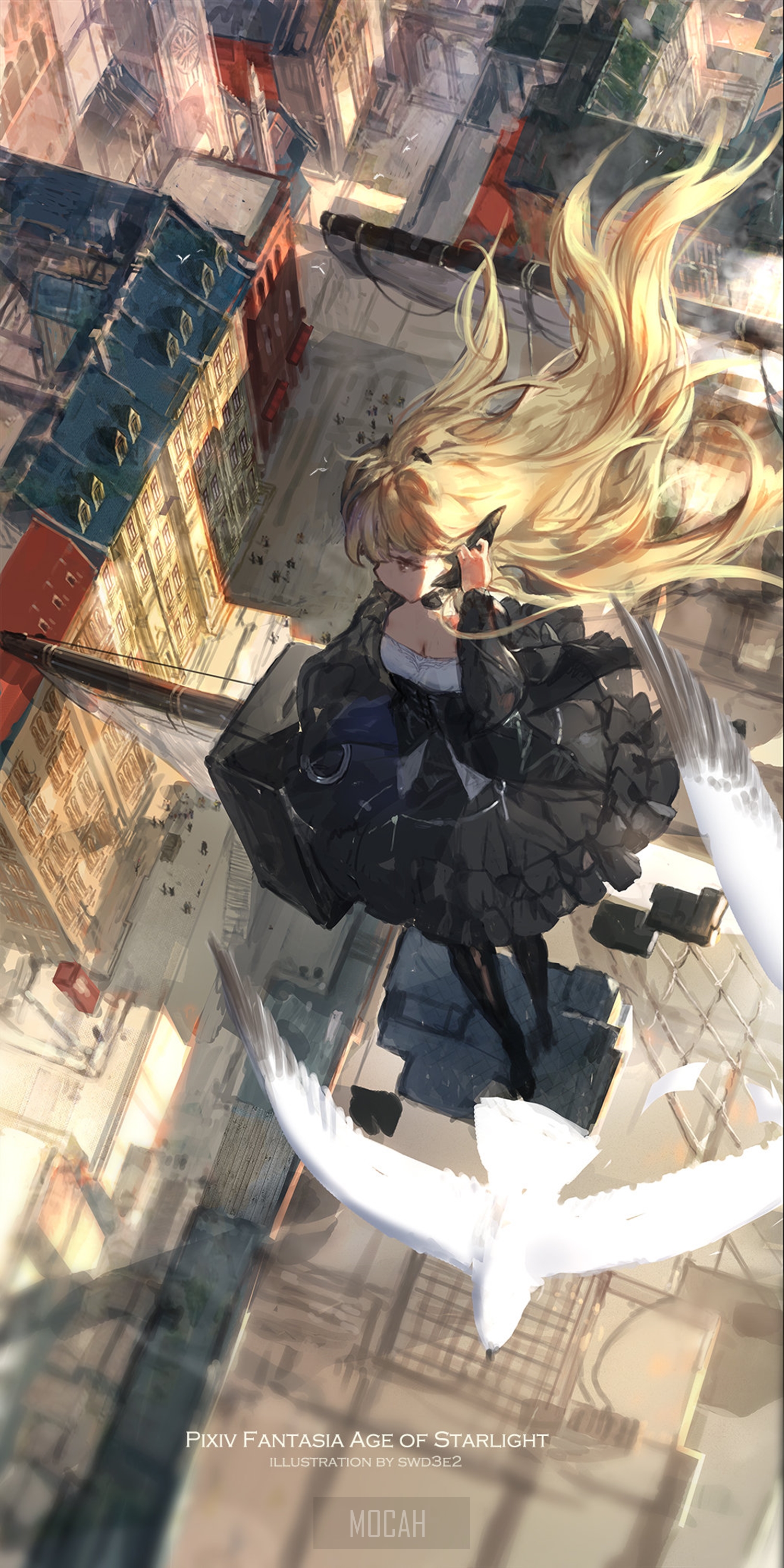 Girl with blonde hair and black dress flying with birds over city HD Phone Wallpaper