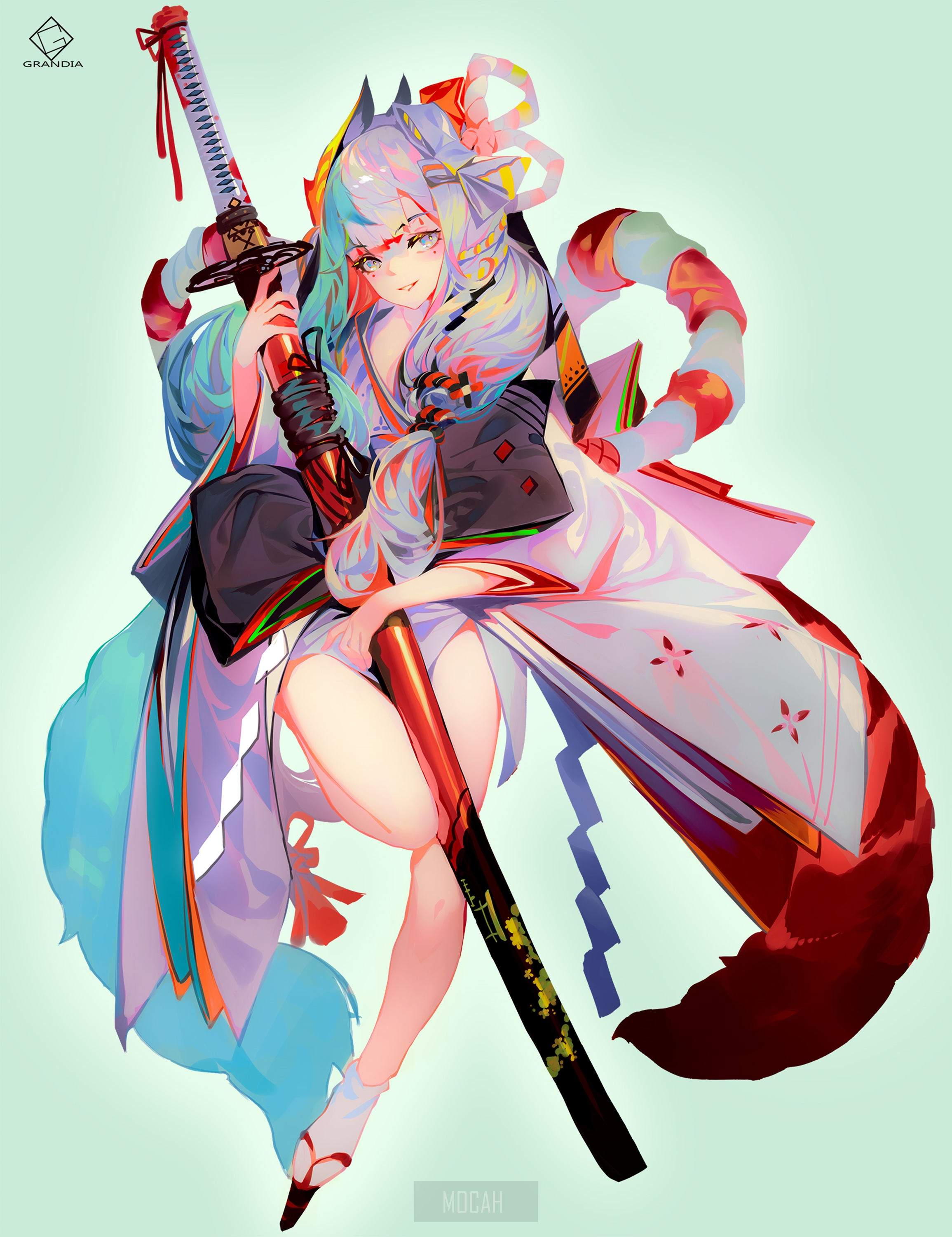 Anime girl with katana and fox ears HD Phone Wallpaper