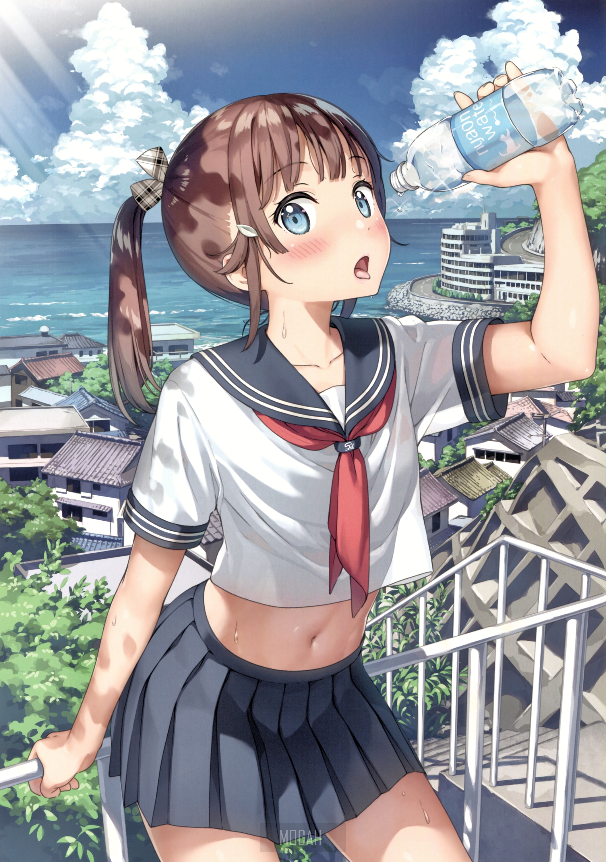 Anime girl in school uniform drinking water HD Phone Wallpaper