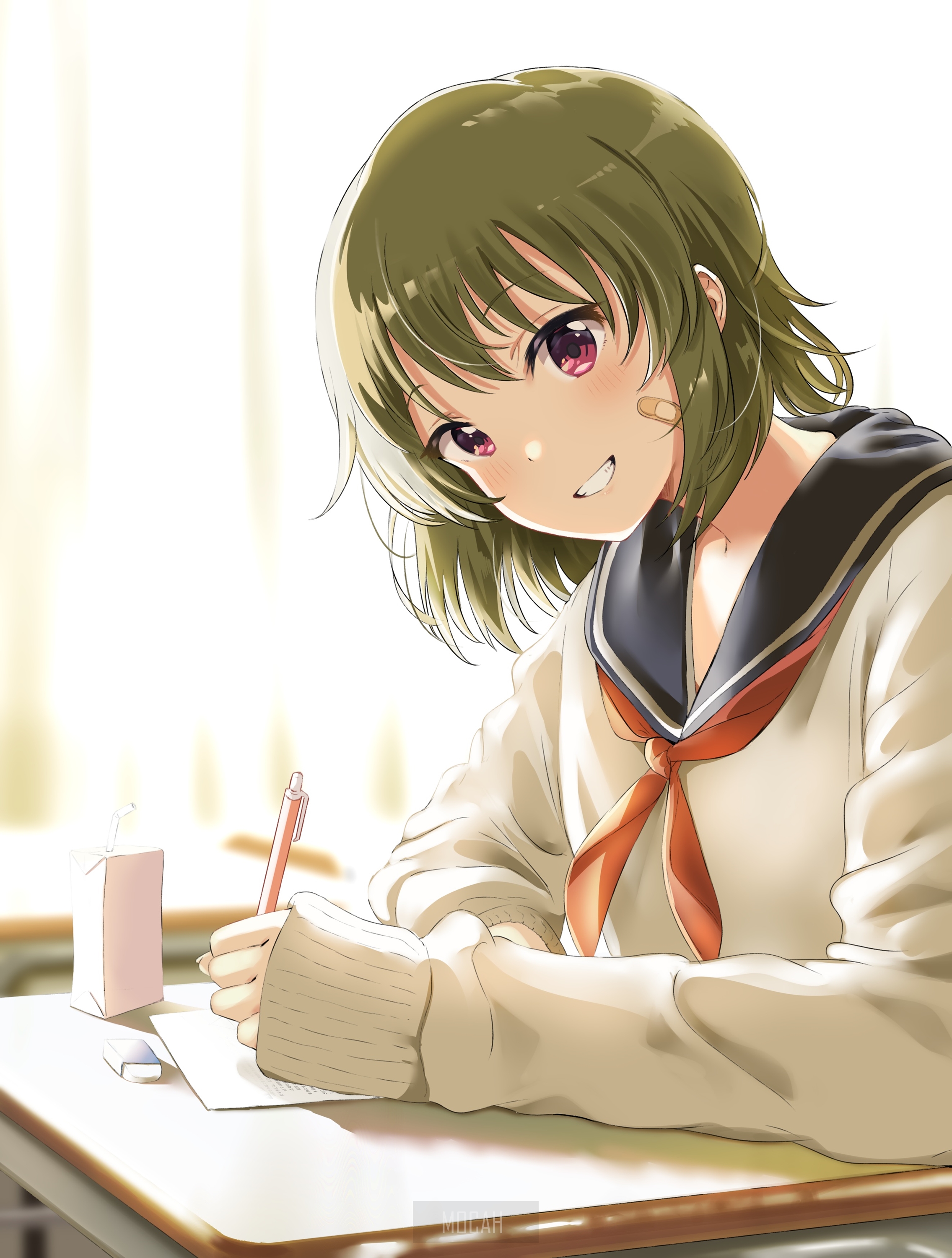Anime girl in school uniform studying at a desk HD Phone Wallpaper
