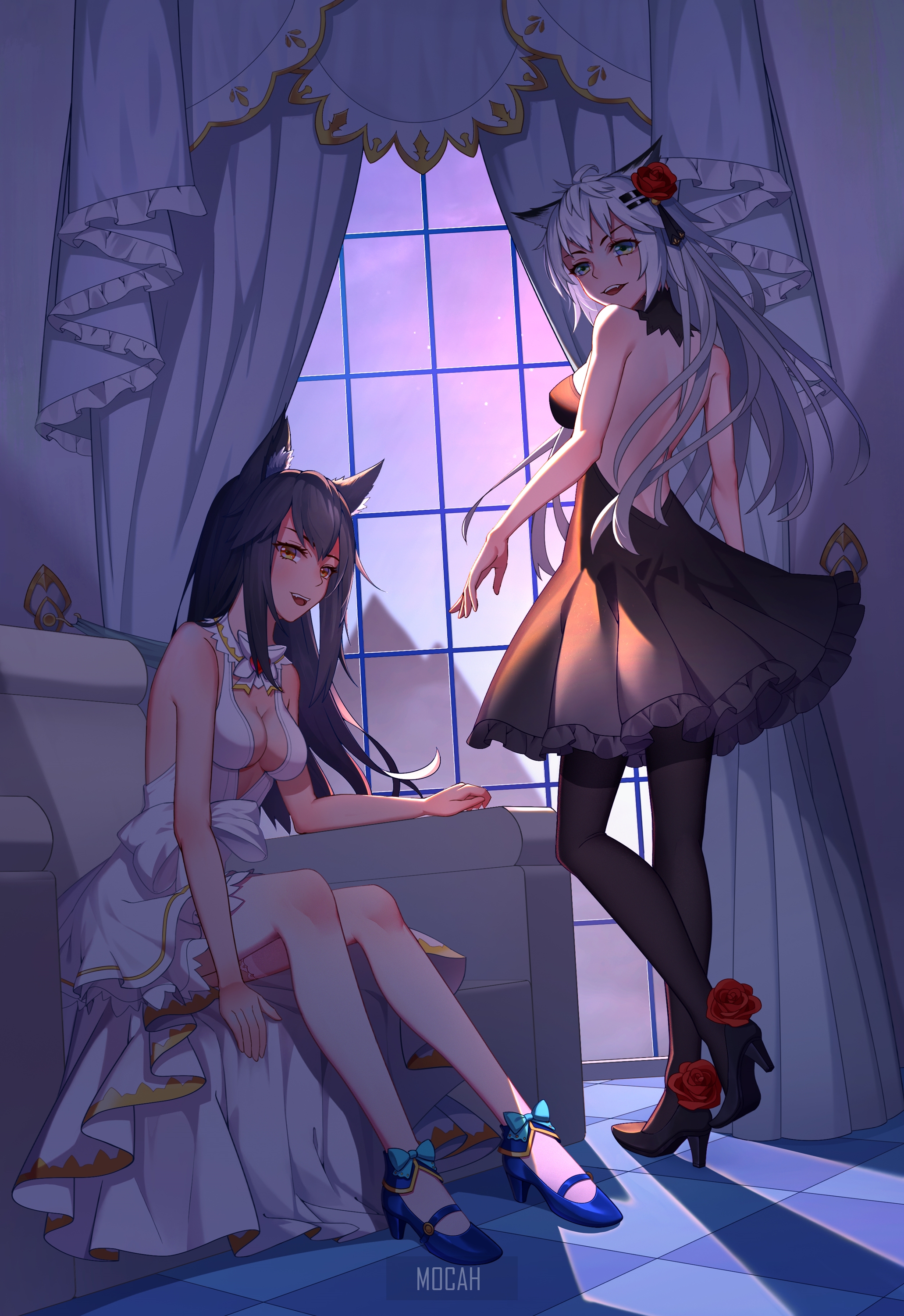 Two anime girls in dresses by a window HD Phone Wallpaper