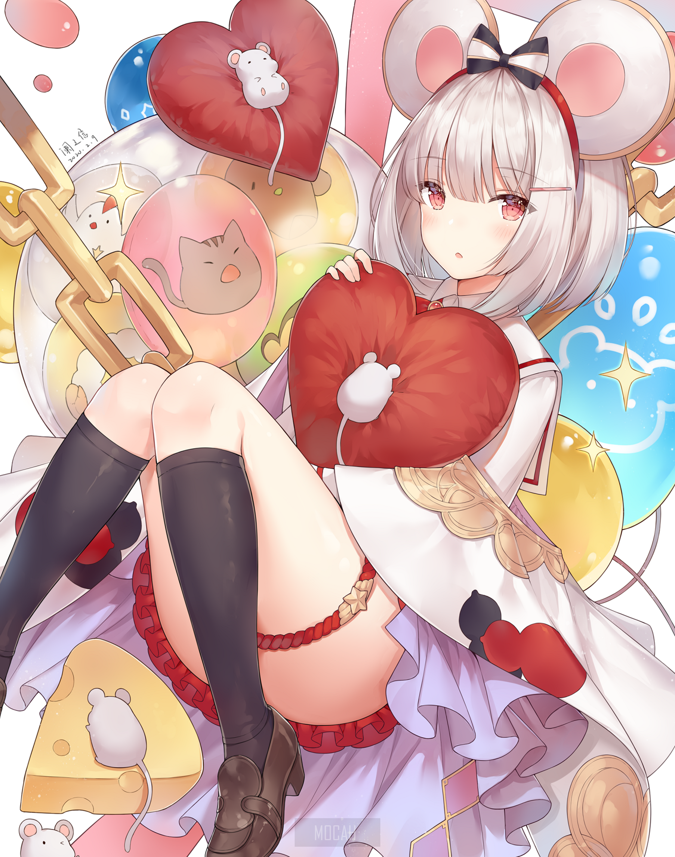 Anime girl with mouse ears and heart pillows HD Phone Wallpaper