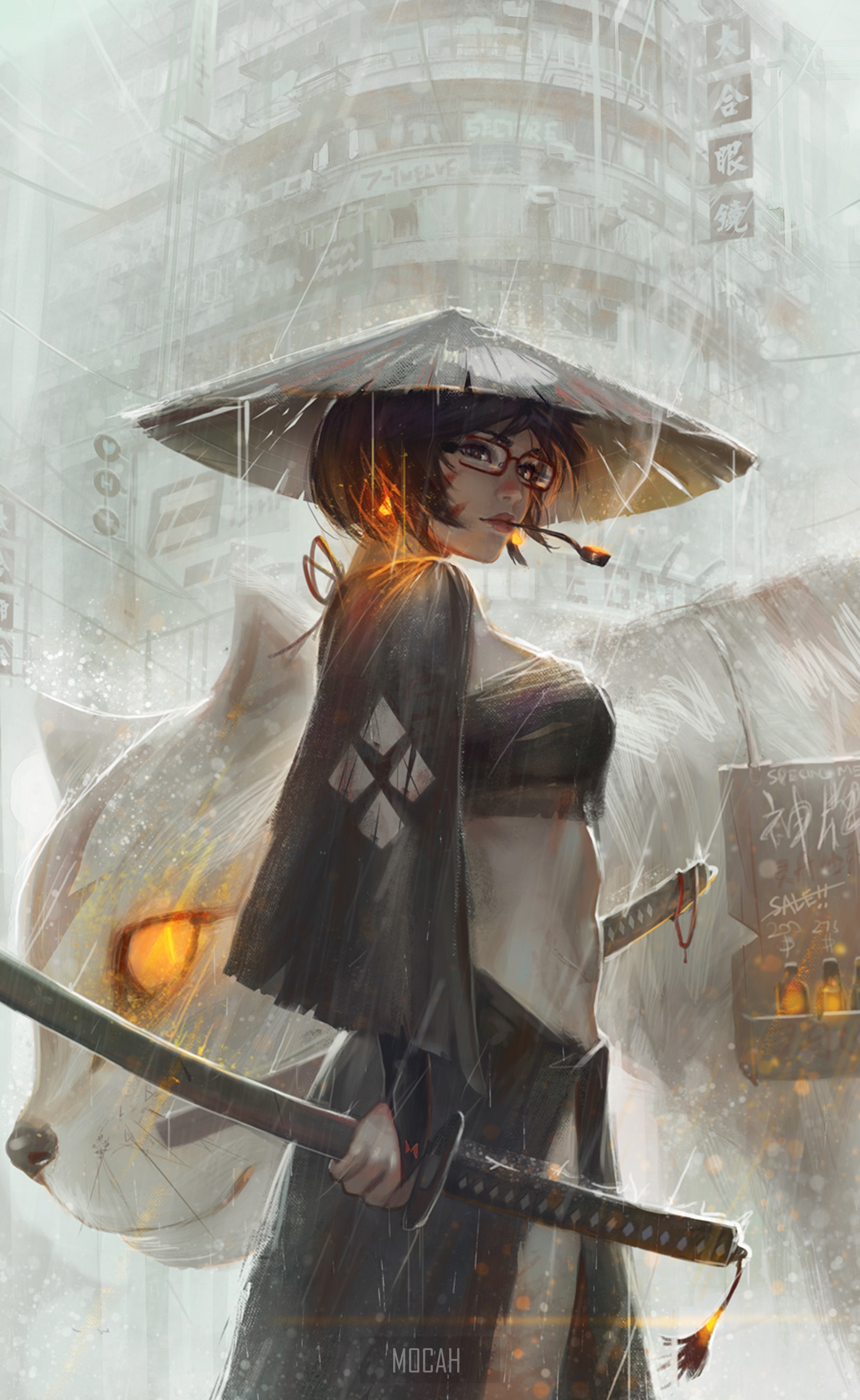 Anime girl with katana and umbrella in rain HD Phone Wallpaper