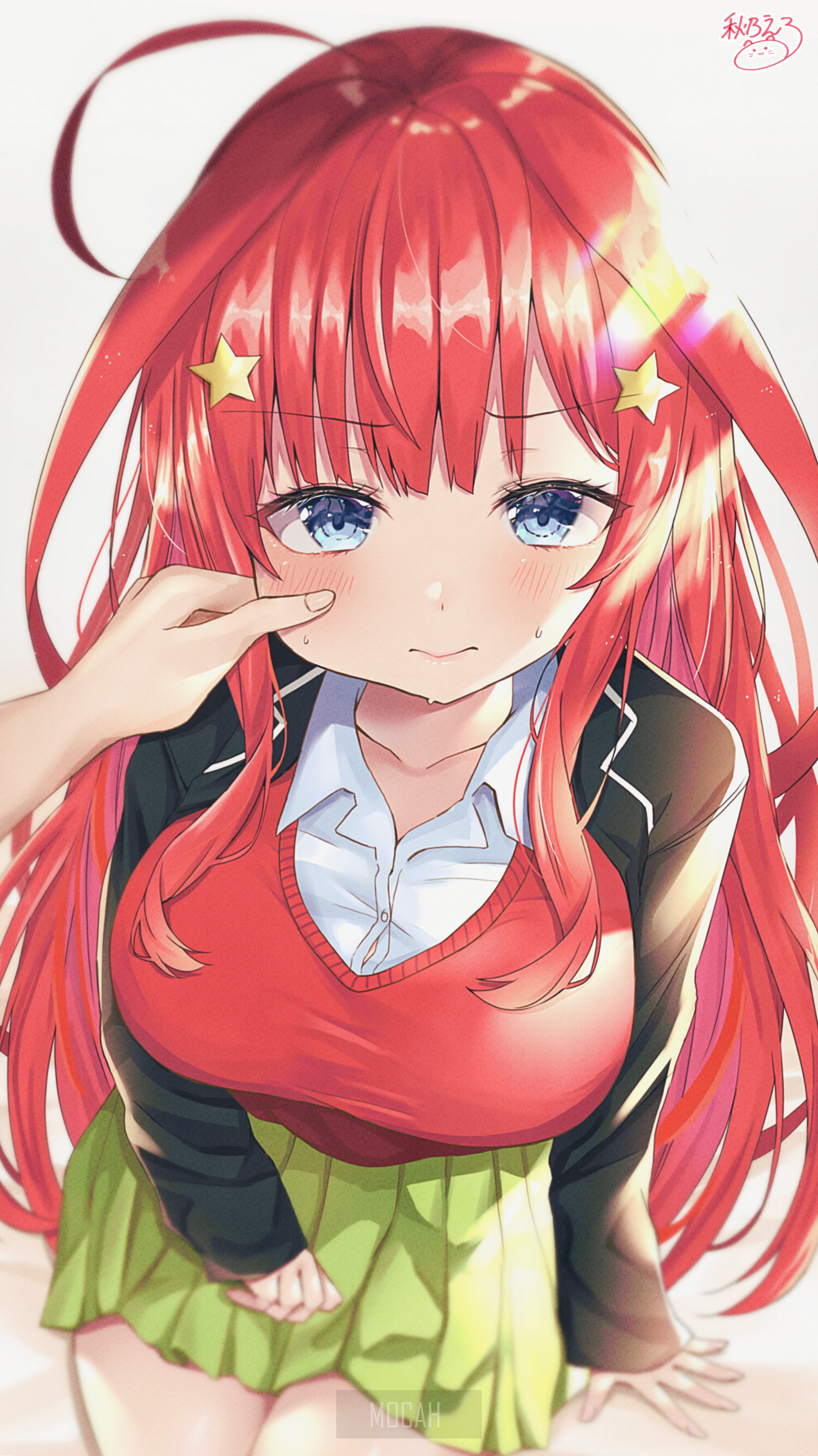 Anime girl with red hair and blue eyes HD Phone Wallpaper
