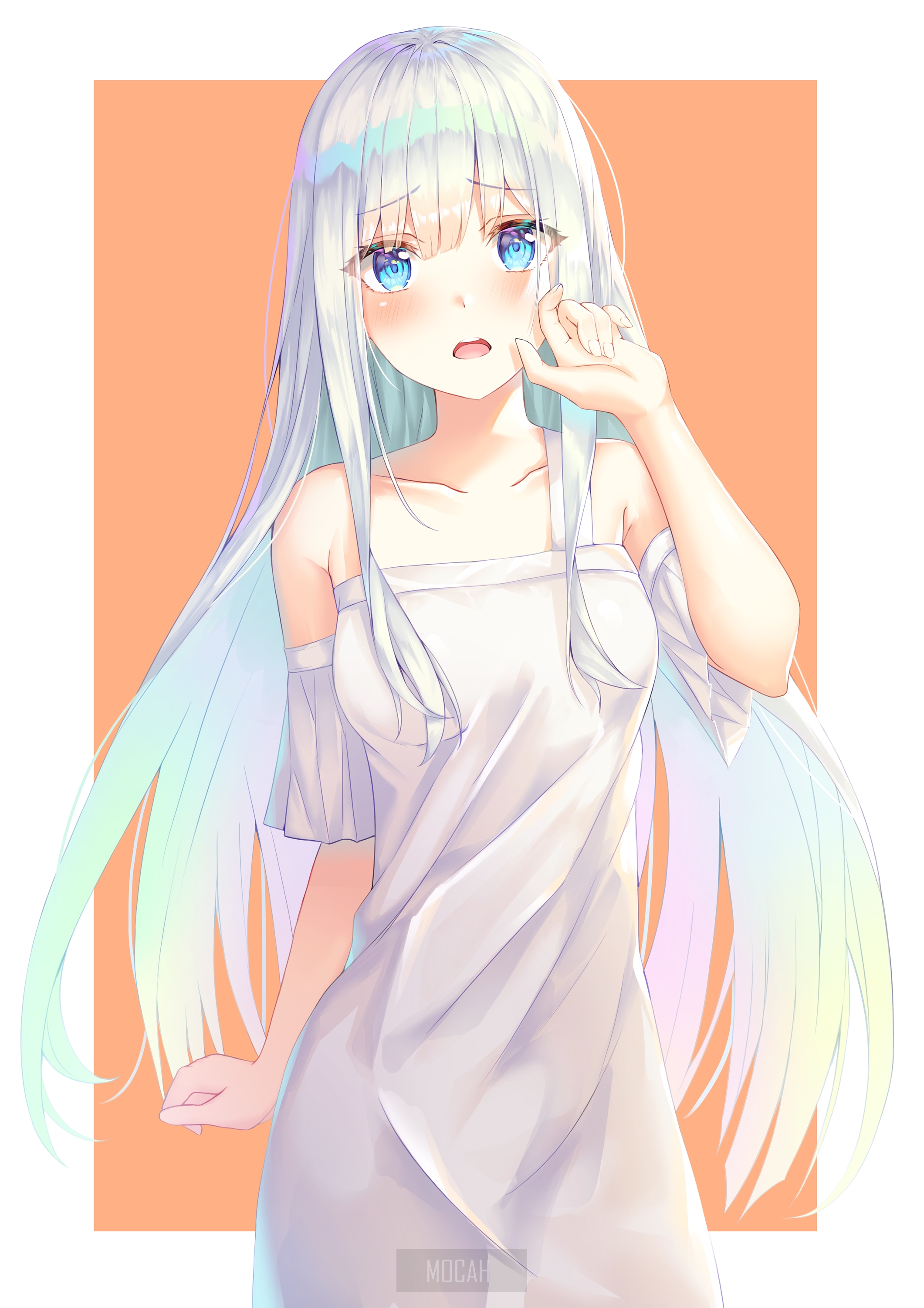 Anime girl with long white hair and blue eyes HD Phone Wallpaper