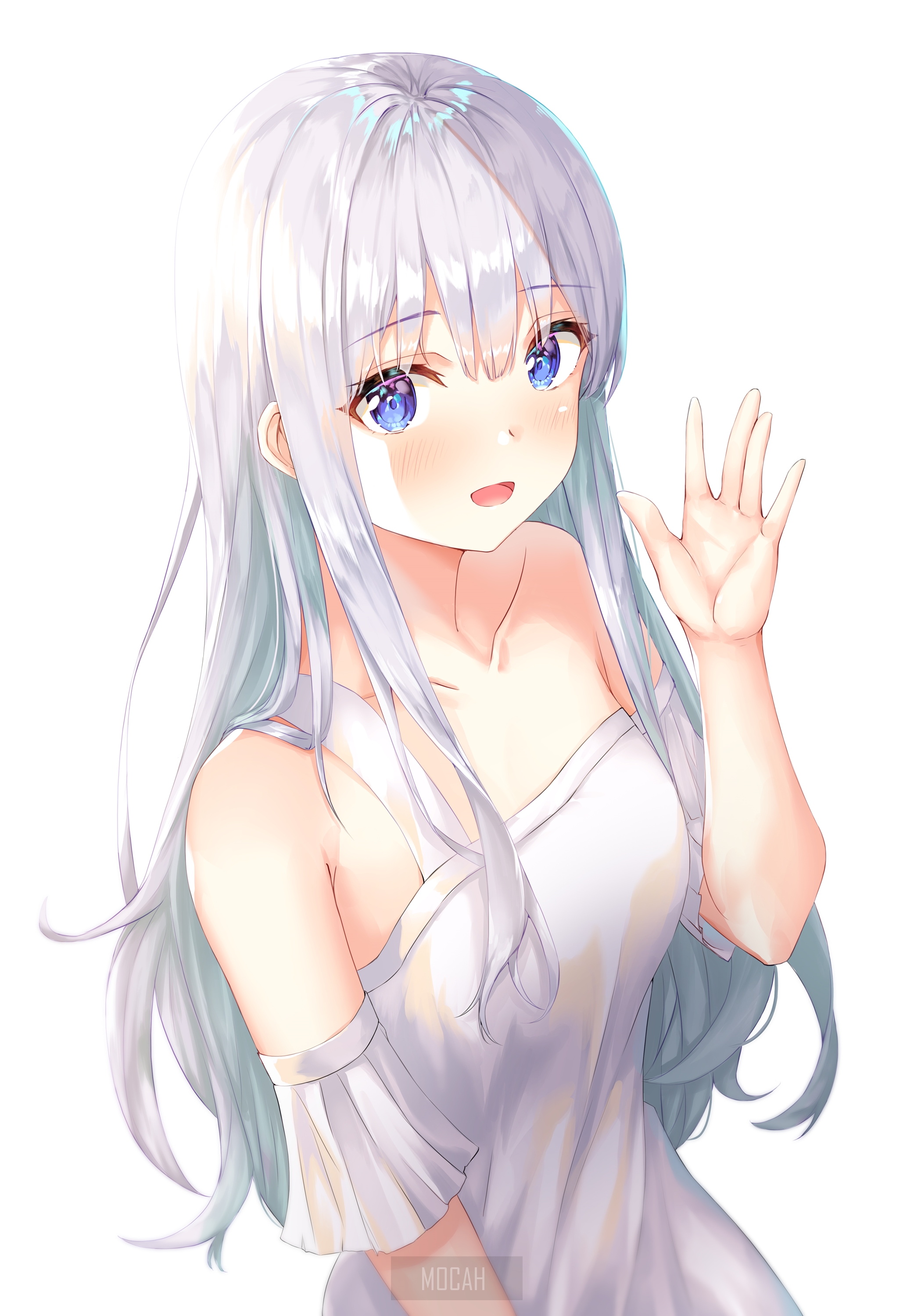 Anime girl with white hair and blue eyes waving HD Phone Wallpaper