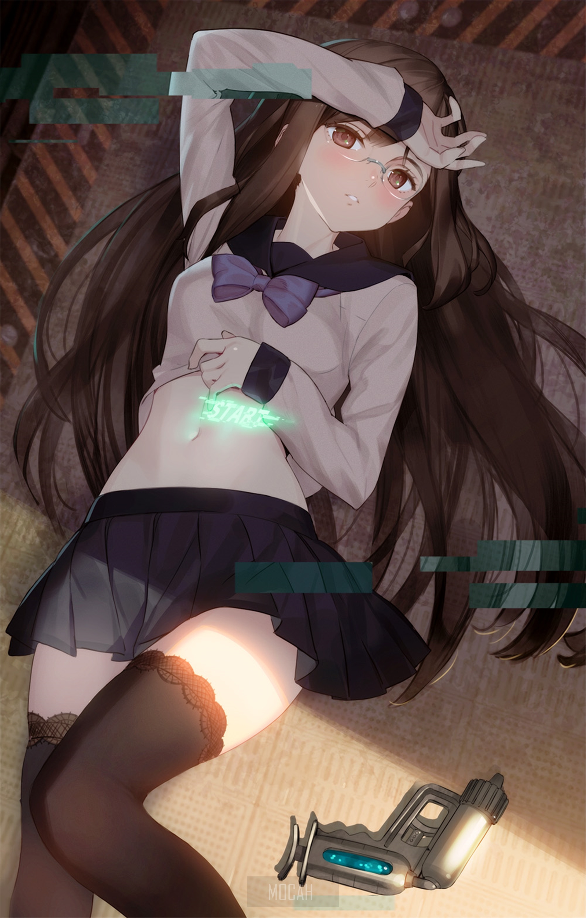 Anime girl in school uniform with glasses and stockings HD Phone Wallpaper