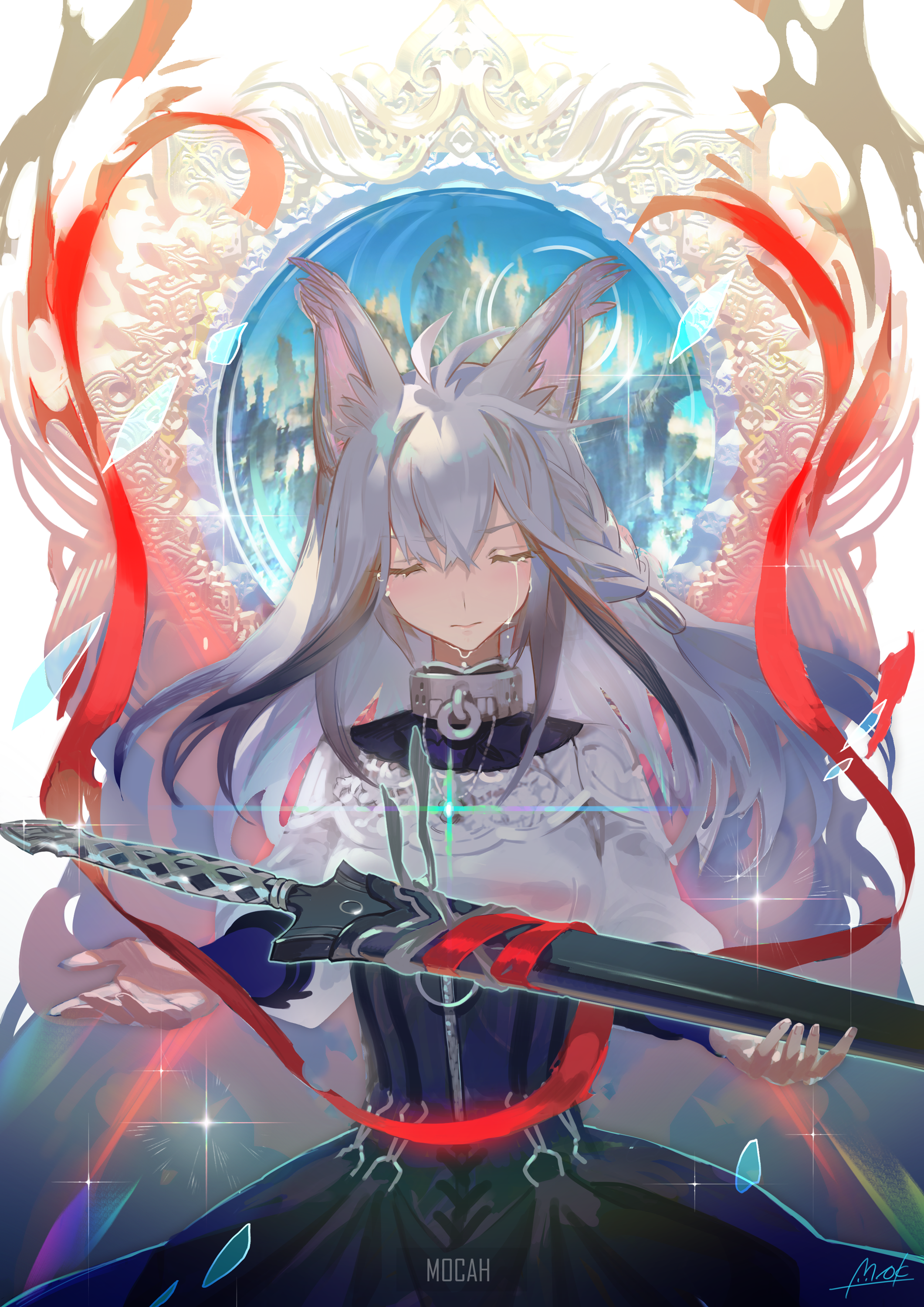 Anime girl with fox ears holding a sword HD Phone Wallpaper