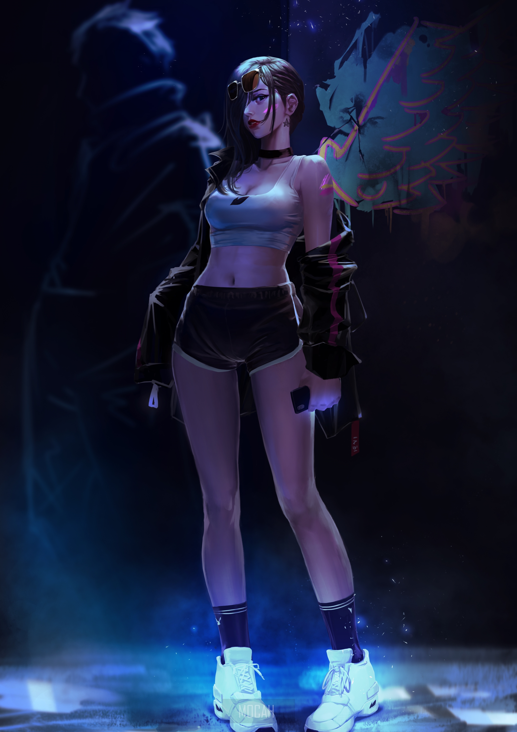 Anime girl with choker and shorts standing HD Phone Wallpaper