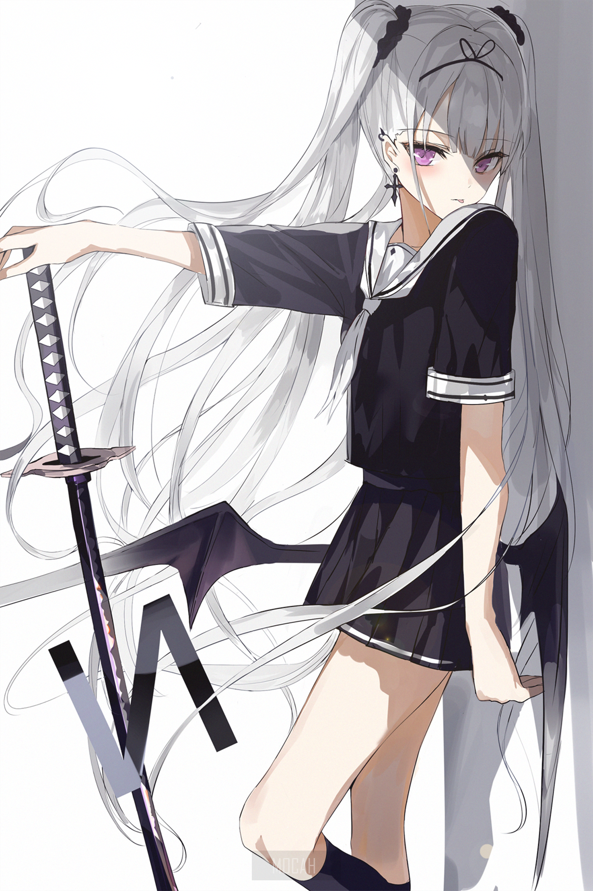 Anime girl with long white hair and katana HD Phone Wallpaper