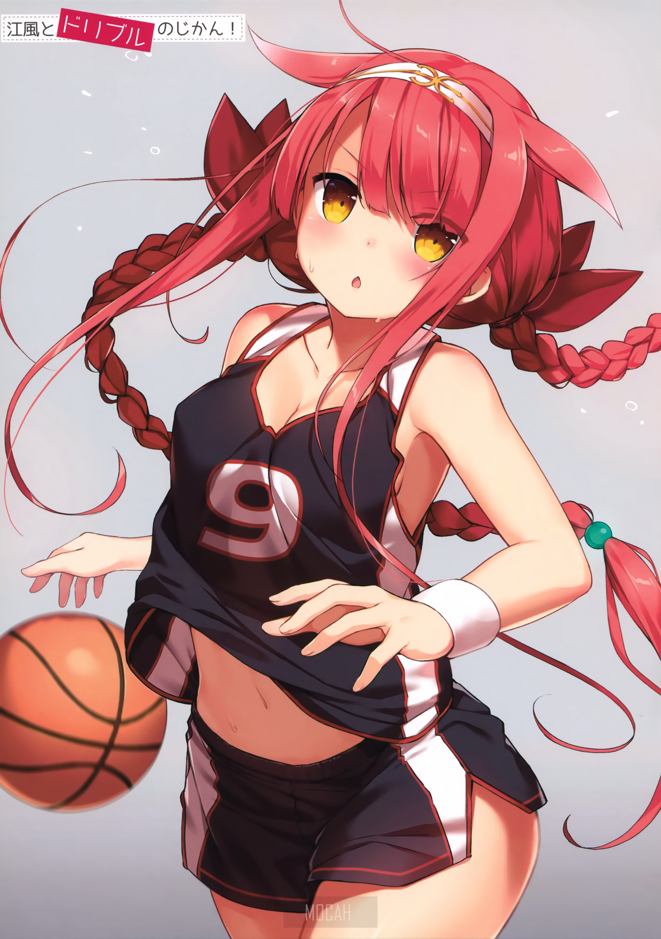 Anime girl with red hair and yellow eyes playing basketball HD Phone Wallpaper