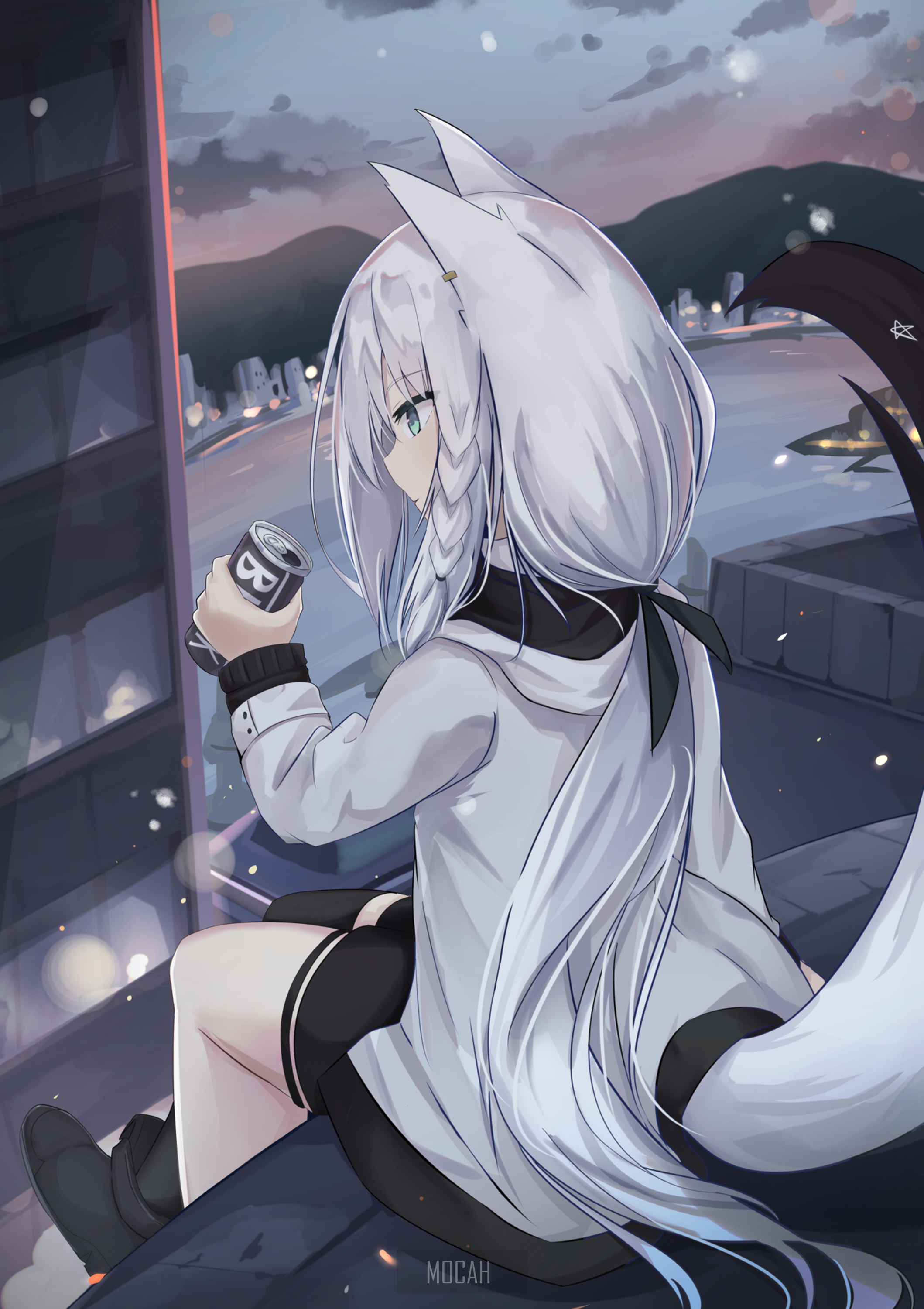 Shirakami Fubuki on Rooftop at Dusk HD Phone Wallpaper