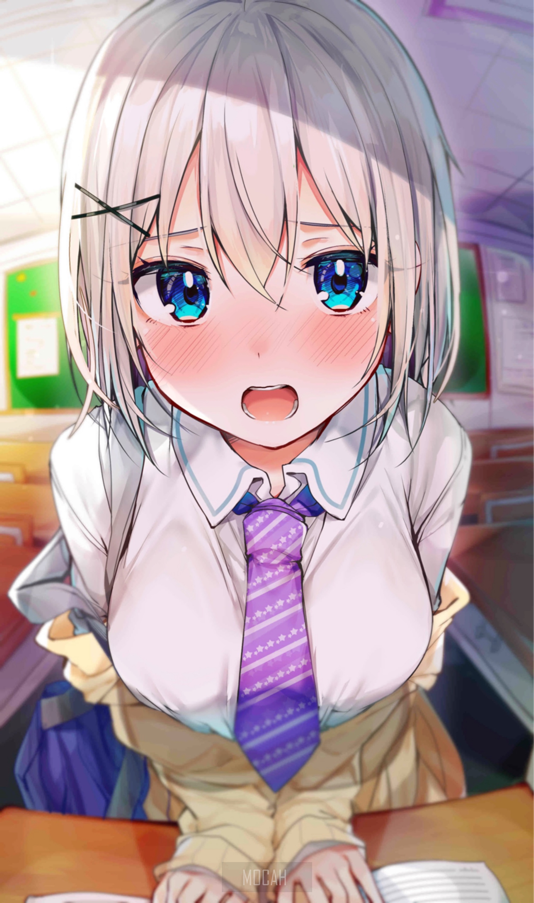 Anime girl in school uniform with purple tie HD Phone Wallpaper