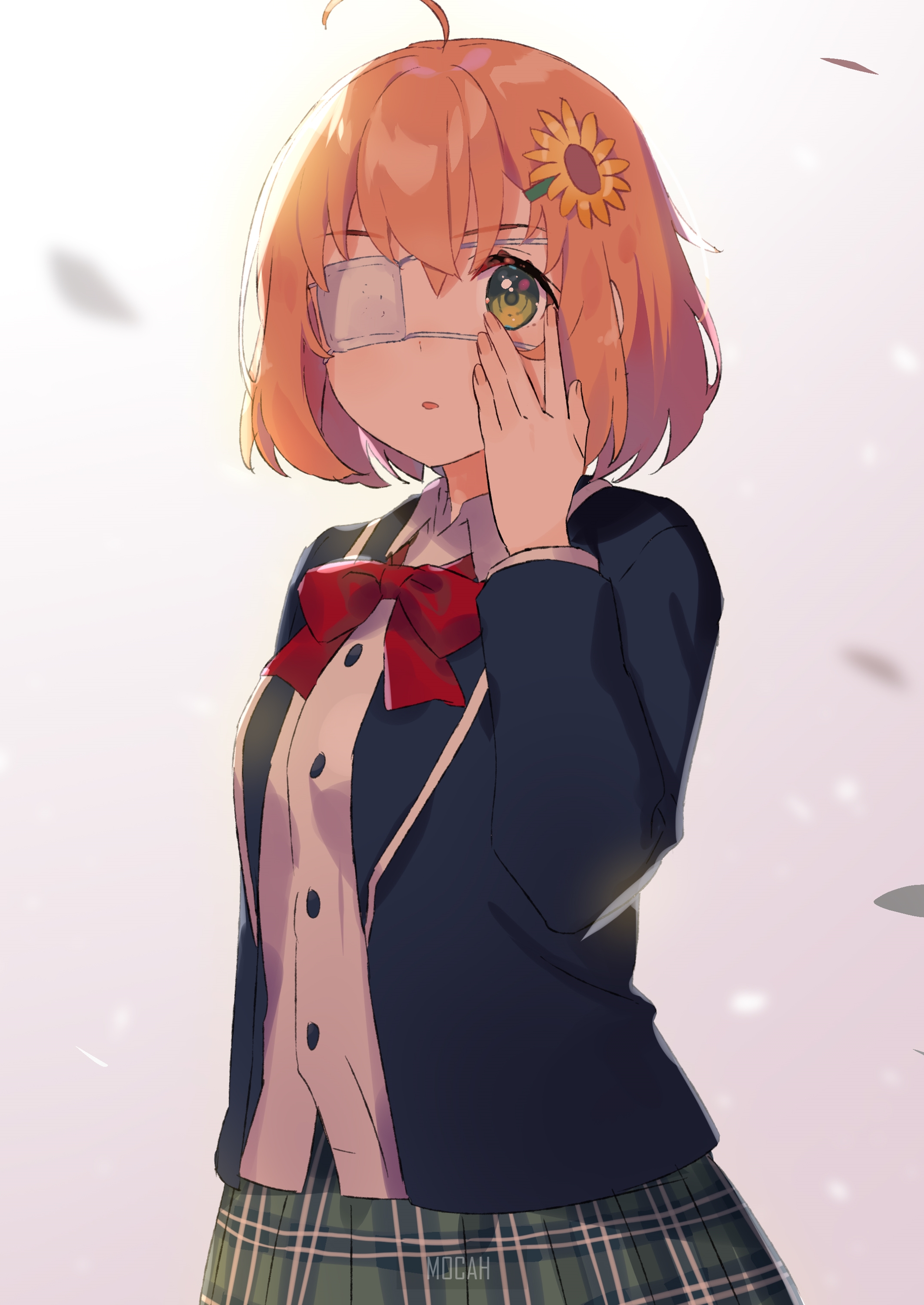 Anime girl with eyepatch and sunflower in hair HD Phone Wallpaper