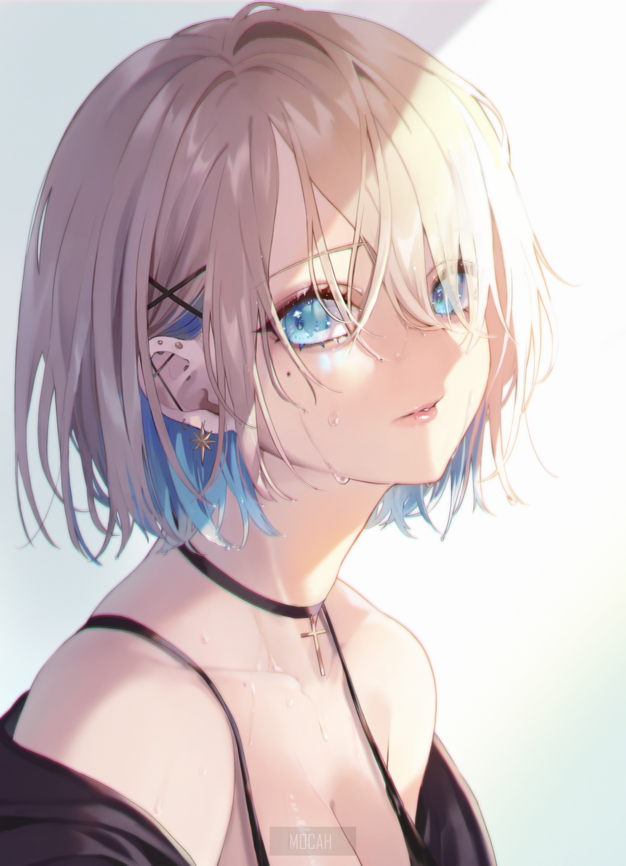 Anime girl with blue eyes and short blonde hair HD Phone Wallpaper