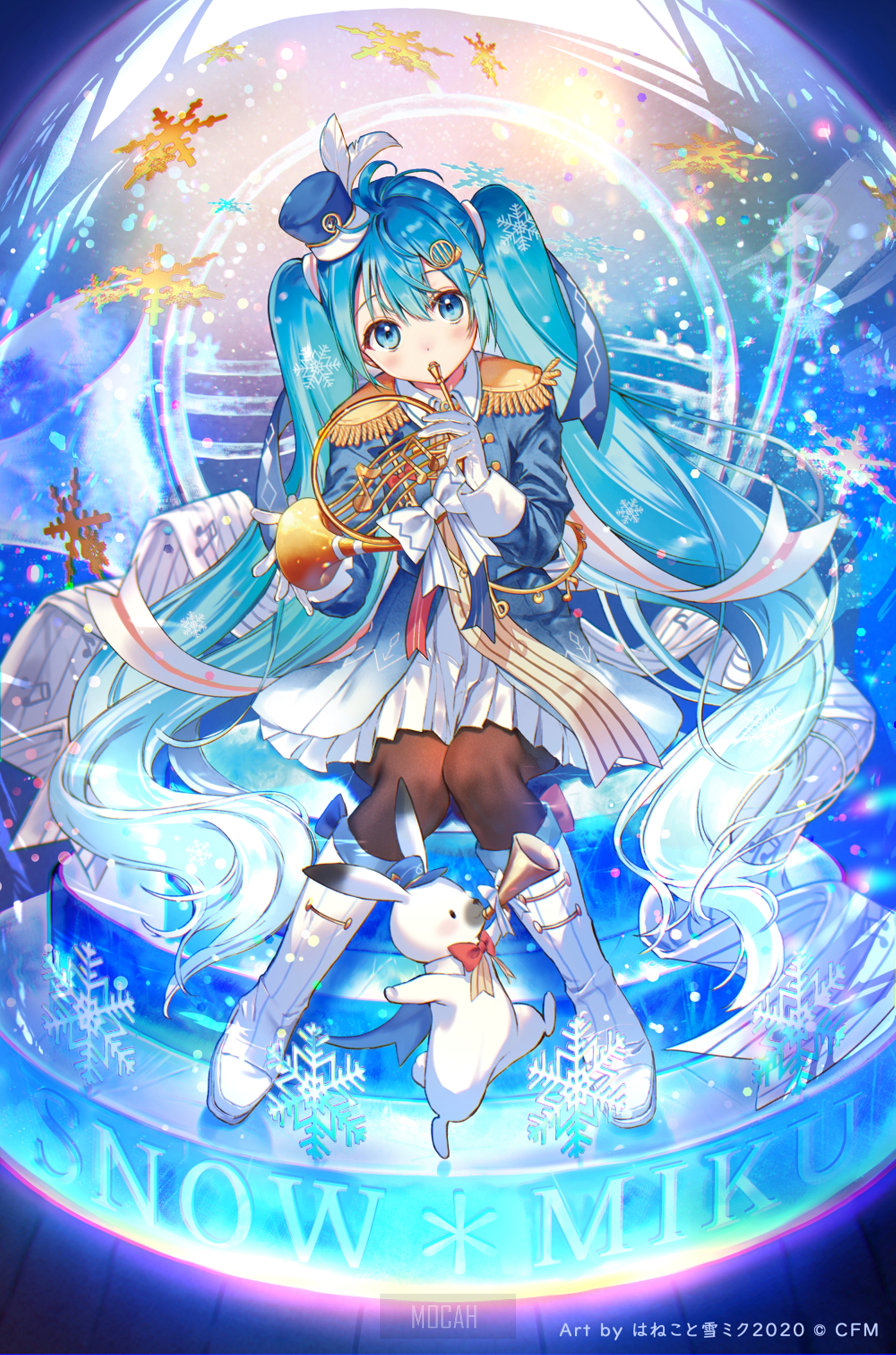 Hatsune Miku from Snow Miku playing a trumpet HD Phone Wallpaper