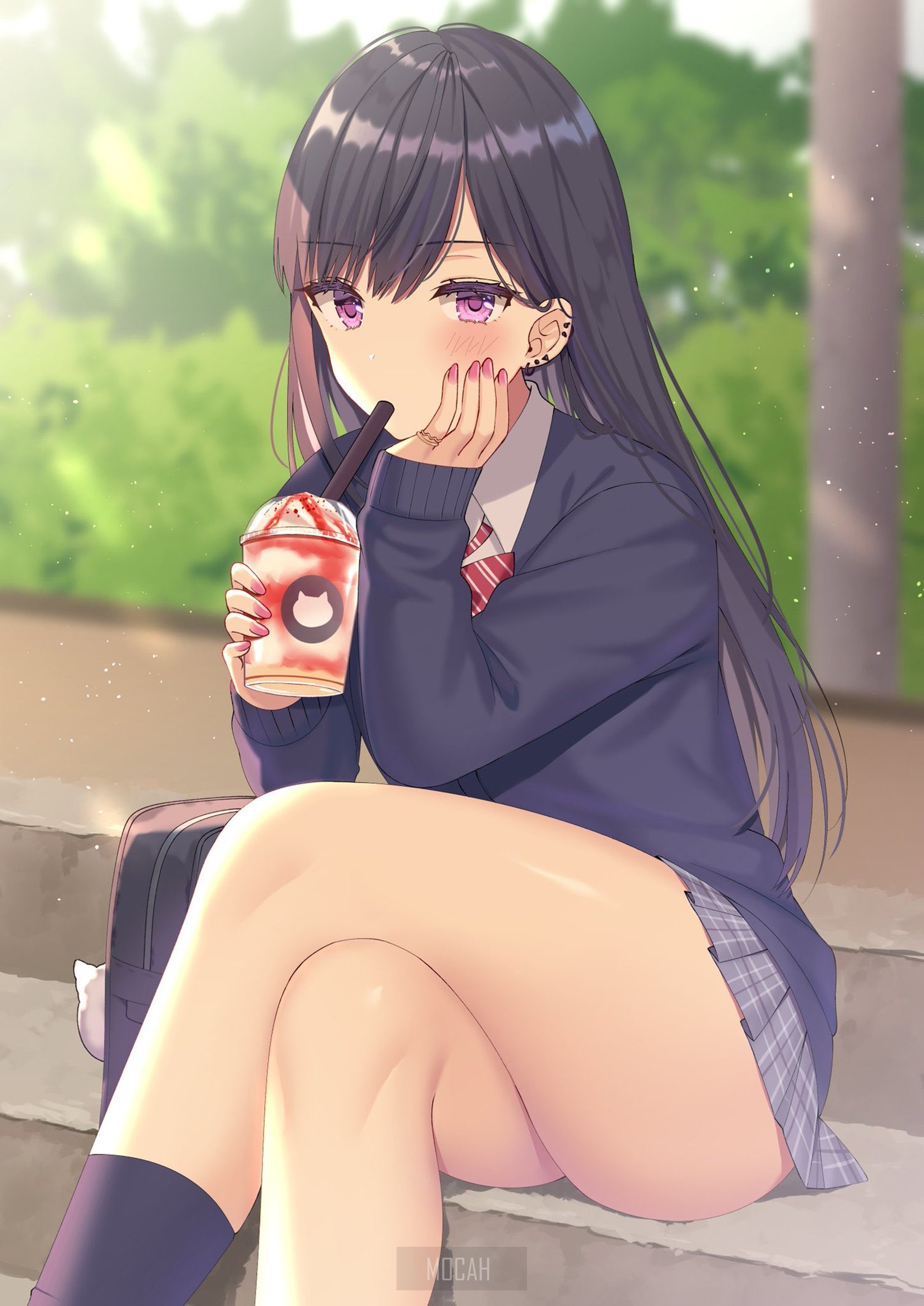 Anime girl in school uniform drinking a smoothie HD Phone Wallpaper