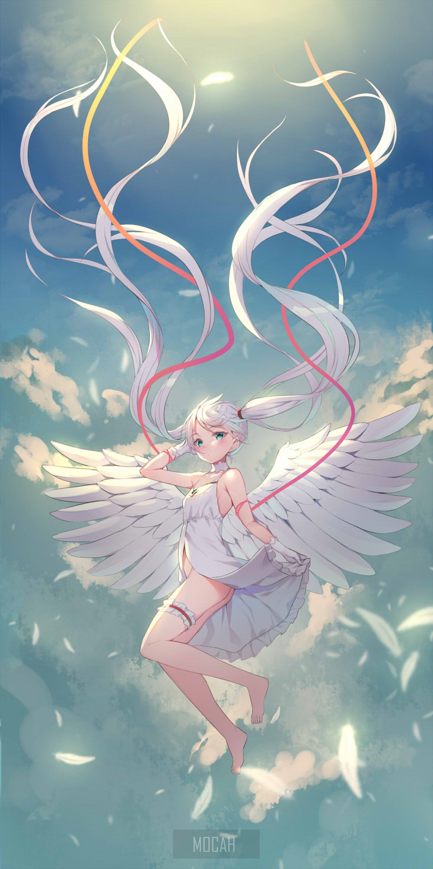Anime girl with white wings and ribbons in the sky HD Phone Wallpaper