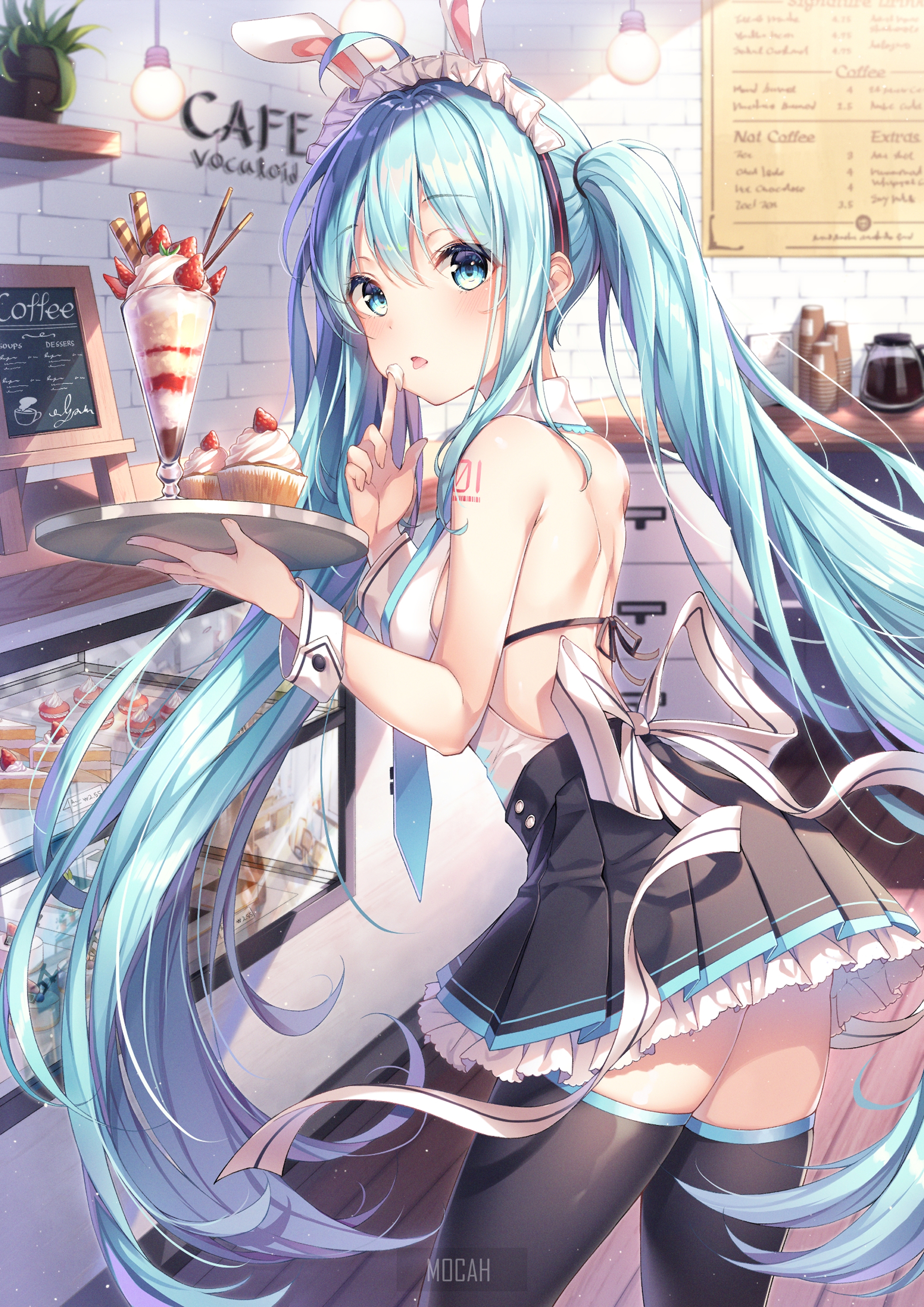 Hatsune Miku in Cafe Outfit Serving Dessert HD Phone Wallpaper