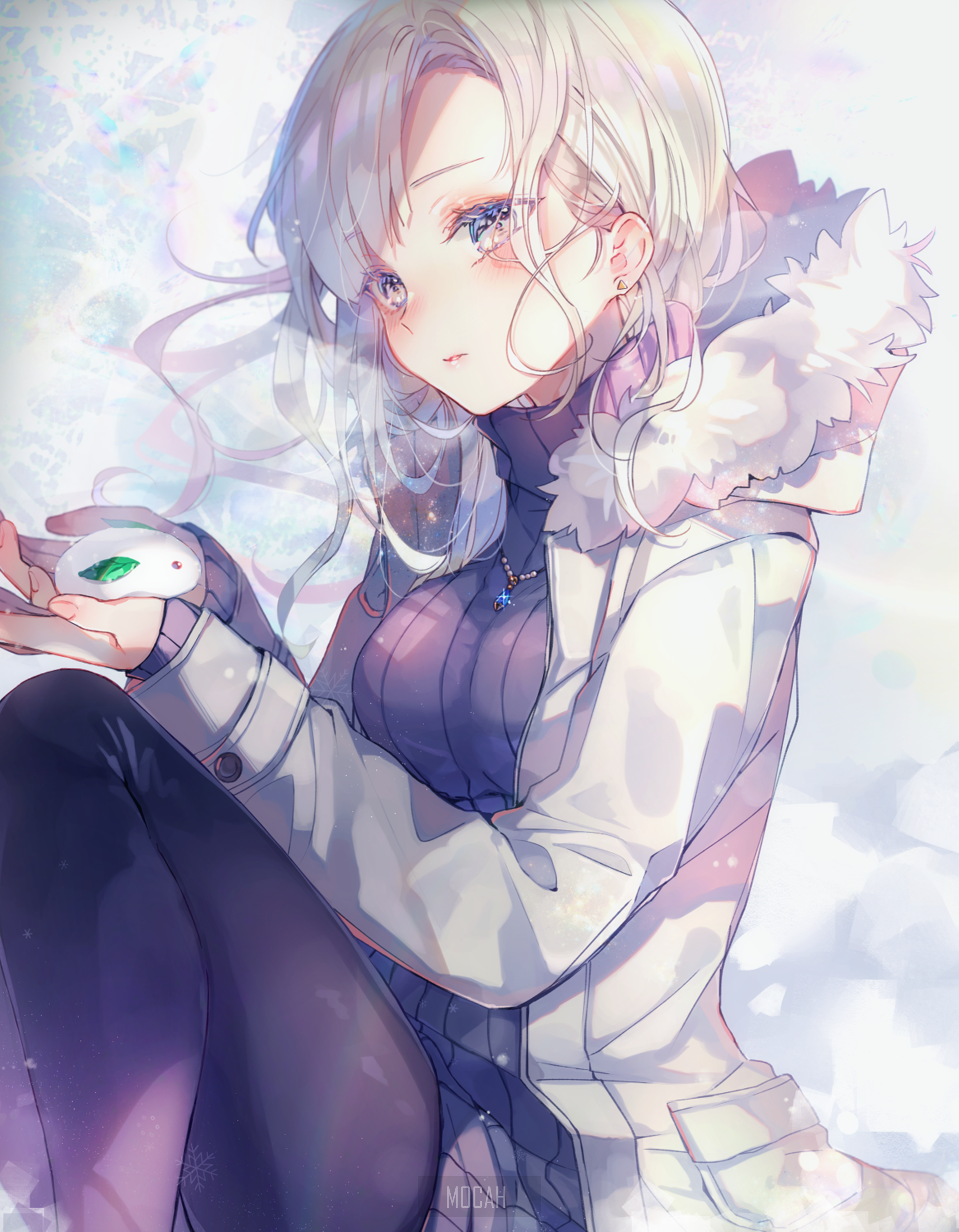 Anime girl in winter coat holding a small creature HD Phone Wallpaper