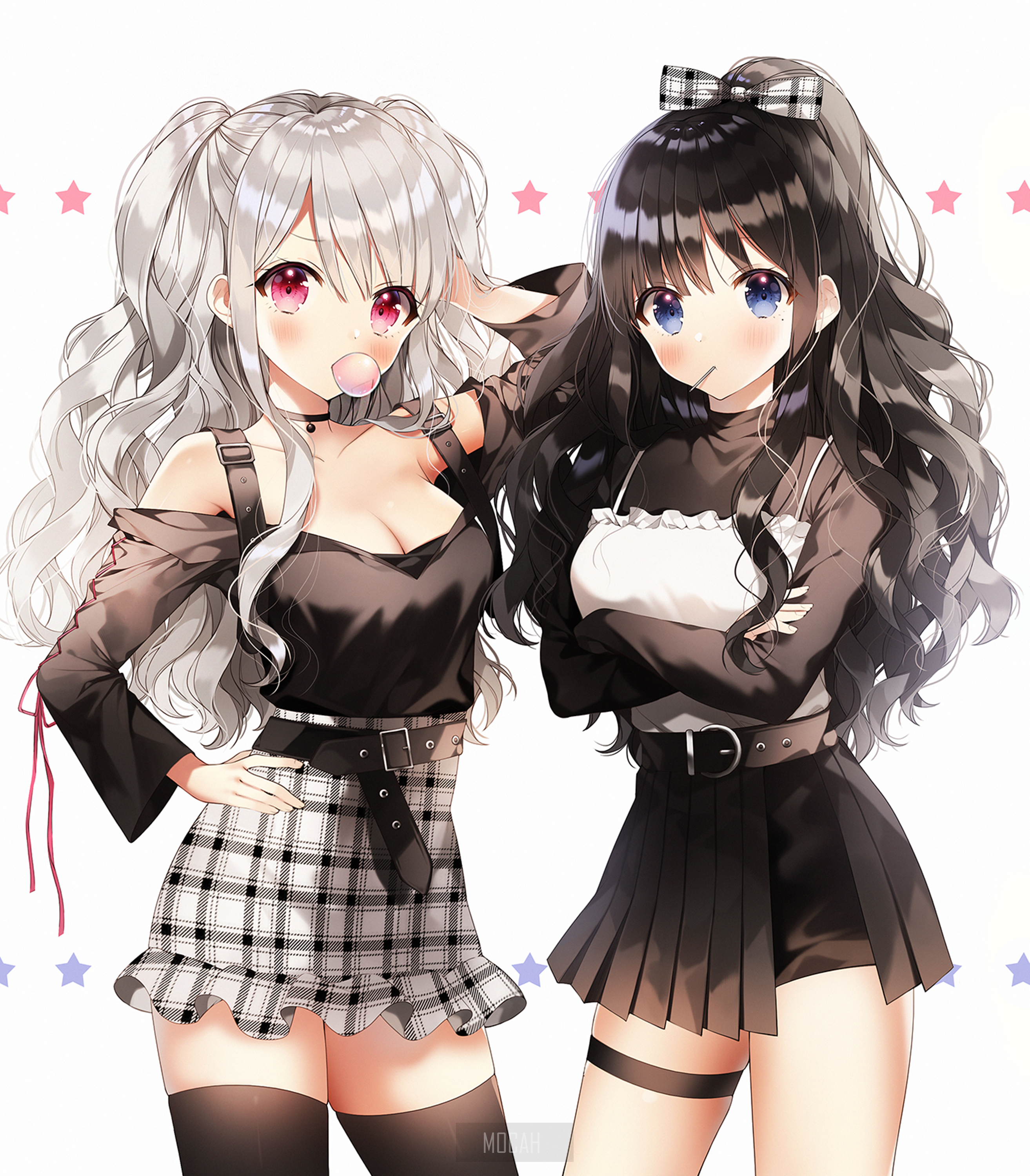 Two anime girls in black outfits with plaid skirt and shorts HD Phone Wallpaper