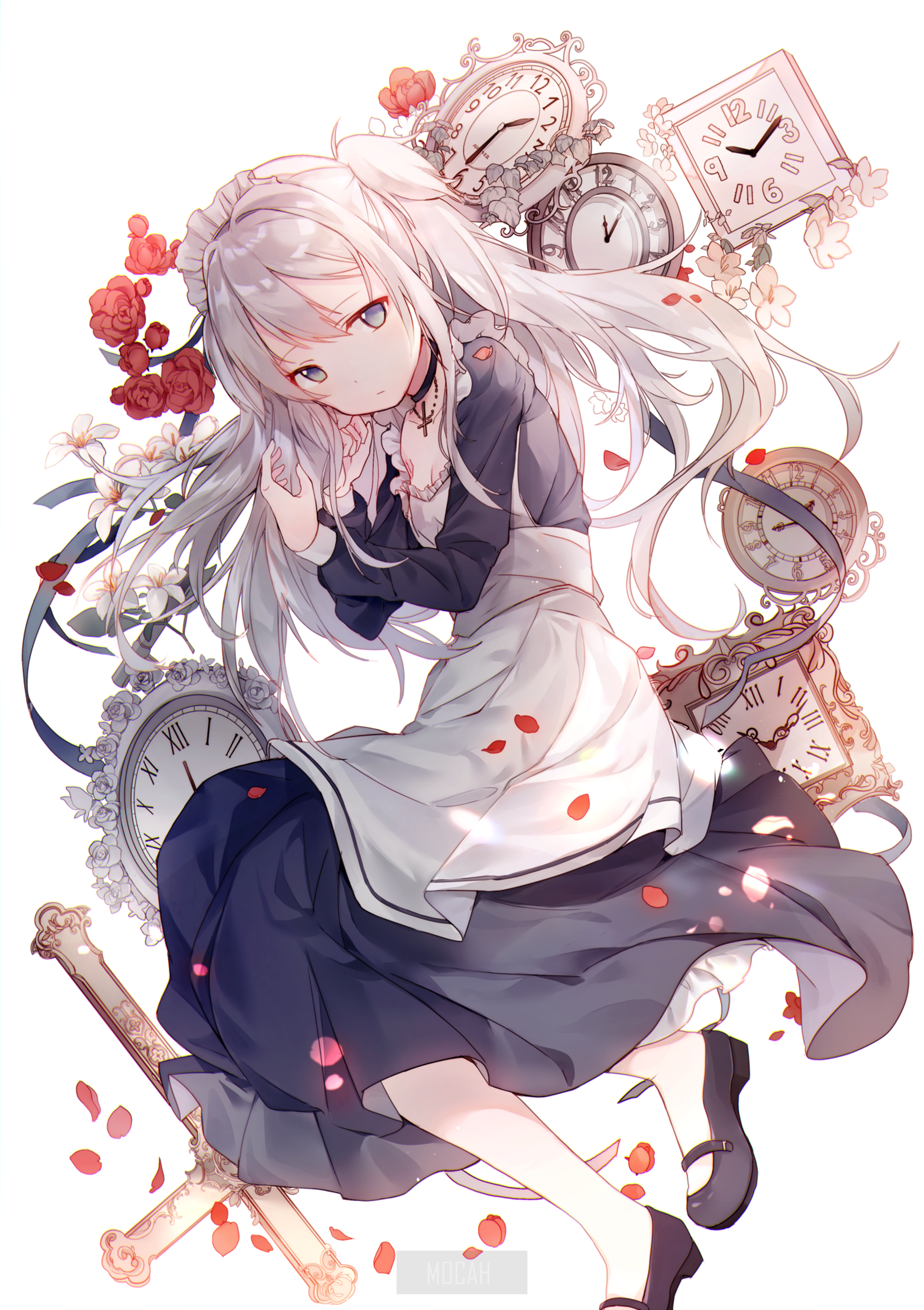 Anime girl in maid outfit with clocks and roses HD Phone Wallpaper