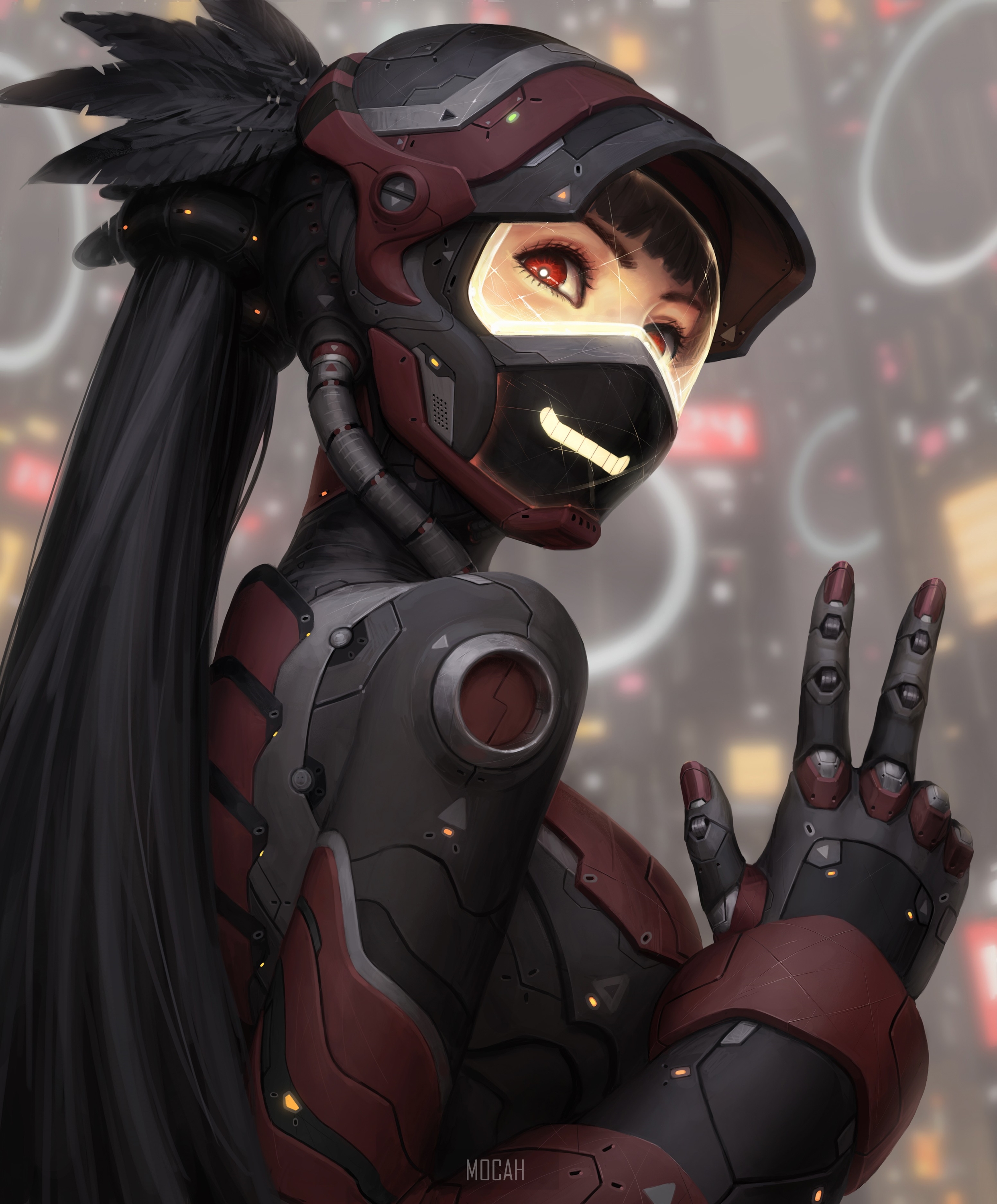 Anime girl in sci-fi armor with feathers HD Phone Wallpaper
