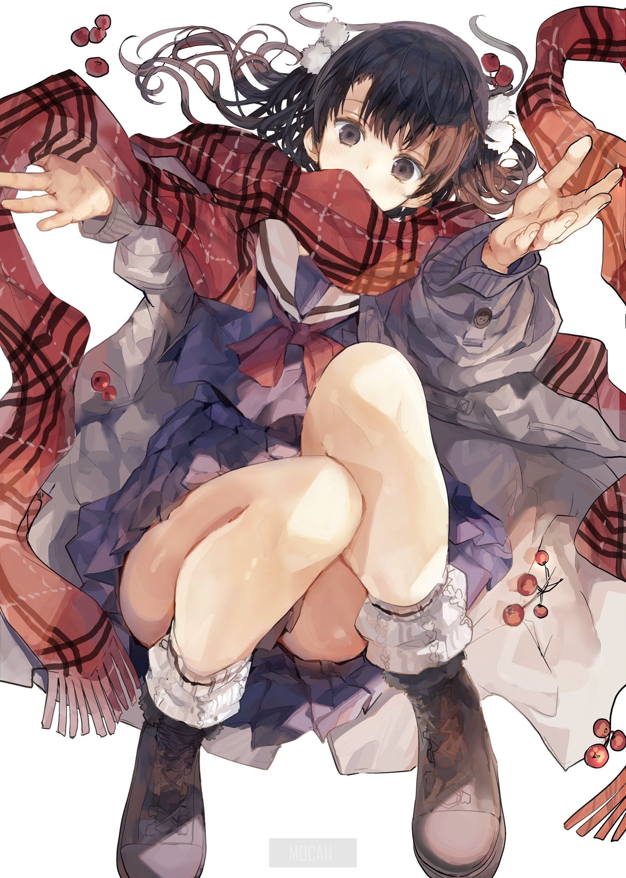 Anime girl with scarf and berries HD Phone Wallpaper